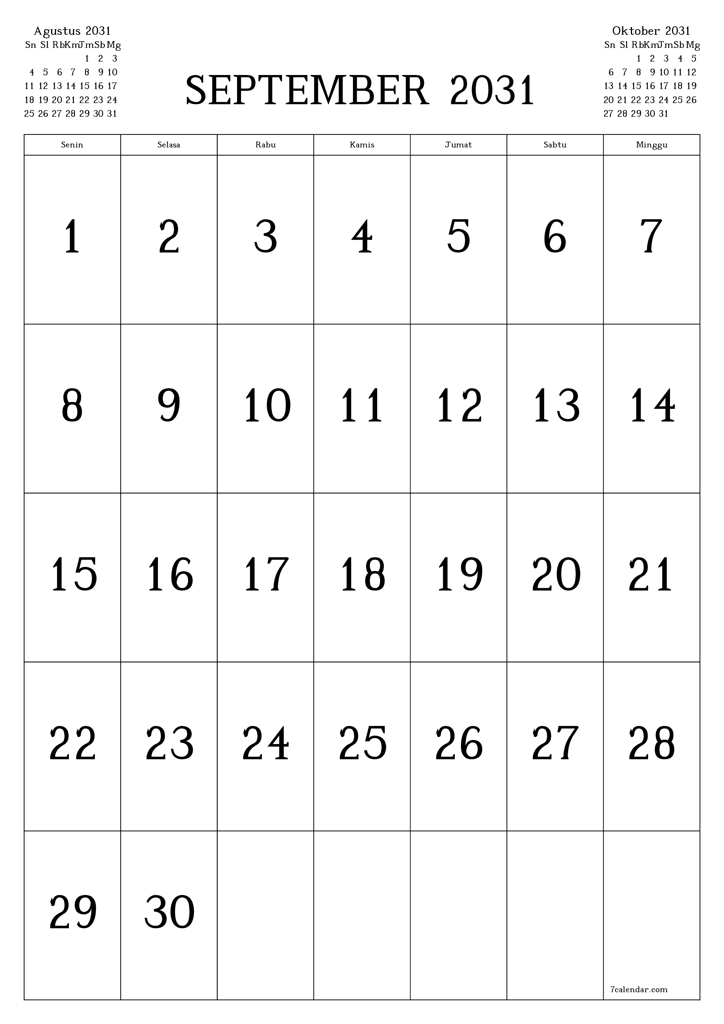  yang dapat dicetak dinding templat gratisvertikal Bulanan kalender September (Sep) 2031