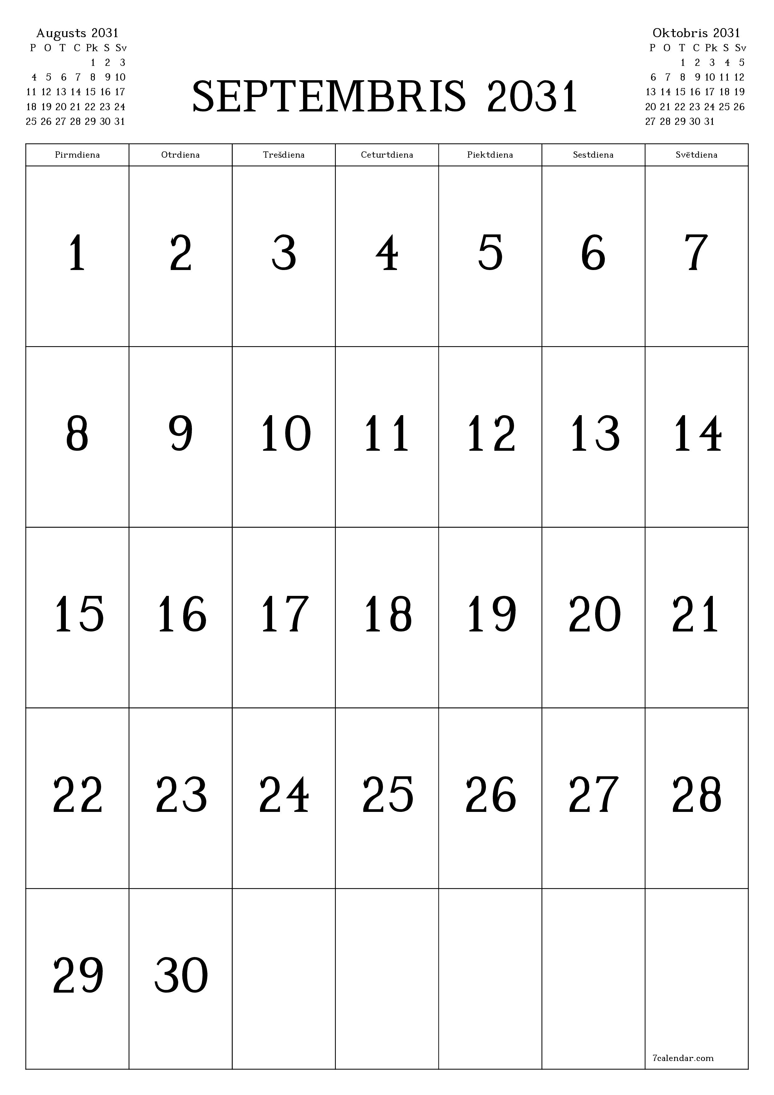 izdrukājams sienas kalendāra veidne bezmaksas vertikāli Mēneša kalendārs Septembris (Sep) 2031