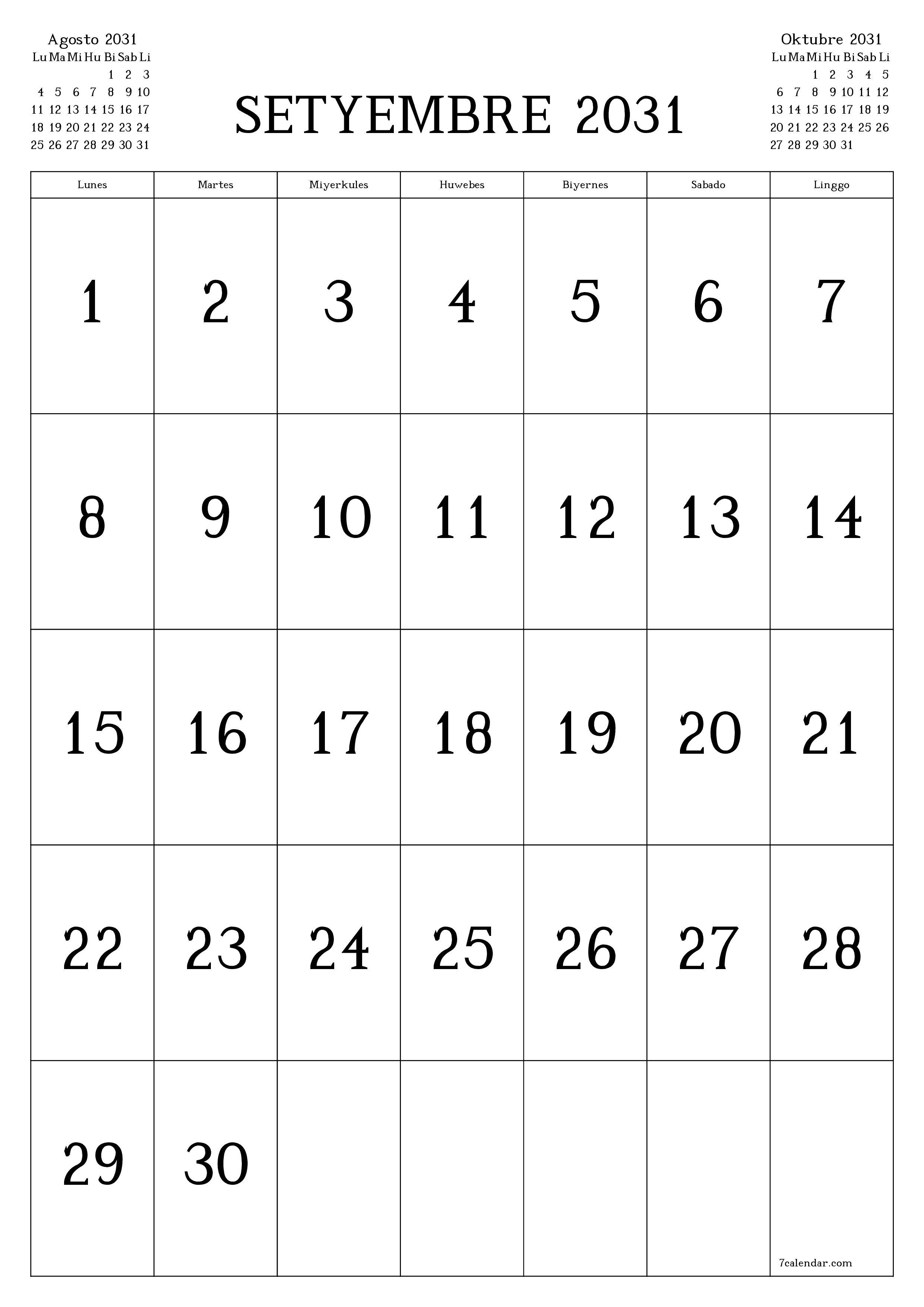 napi-print na sa dingding template ng libreng patayo Buwanang kalendaryo Setyembre (Set) 2031