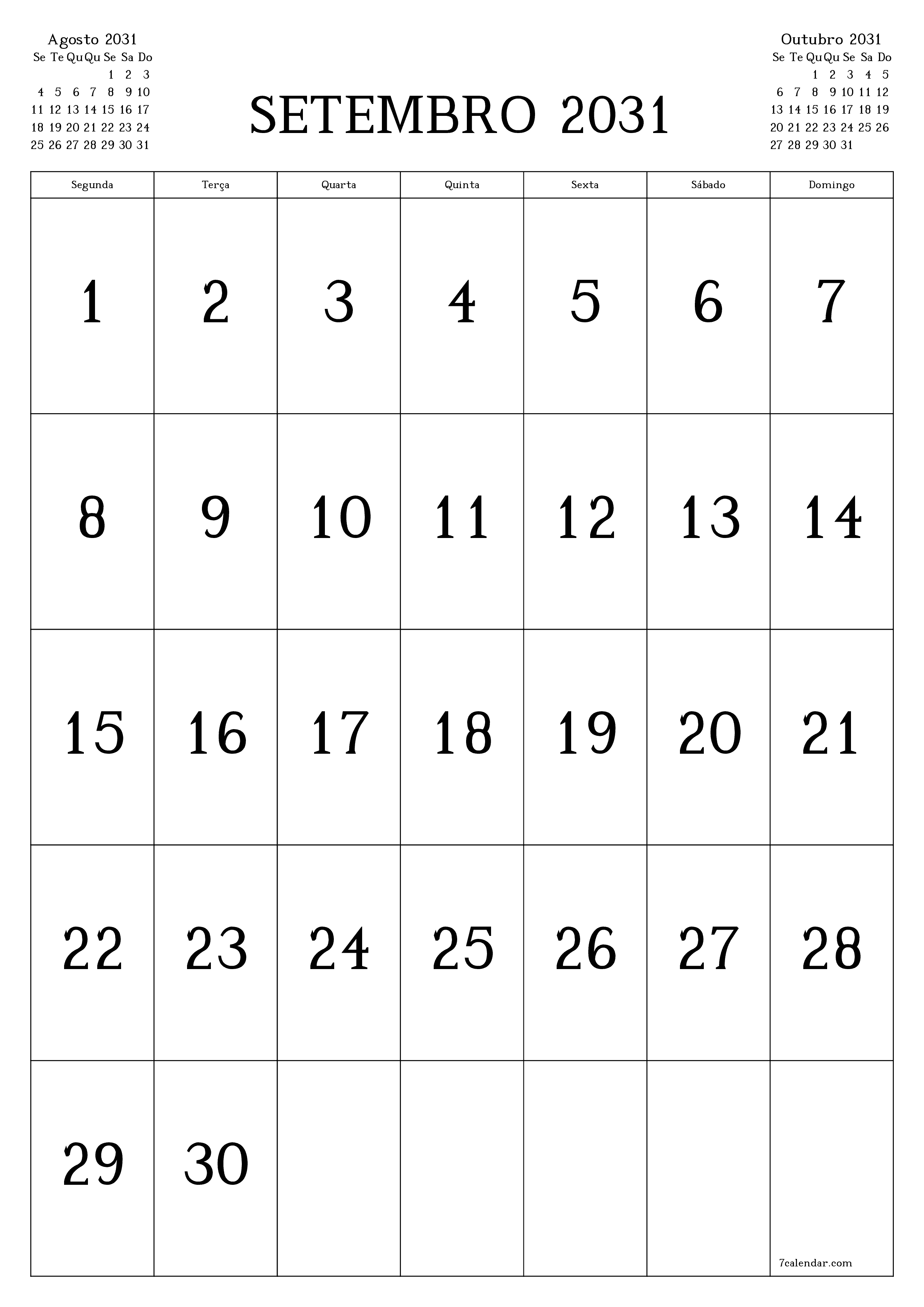  para impressão de parede modelo de grátisvertical Mensal calendário Setembro (Set) 2031