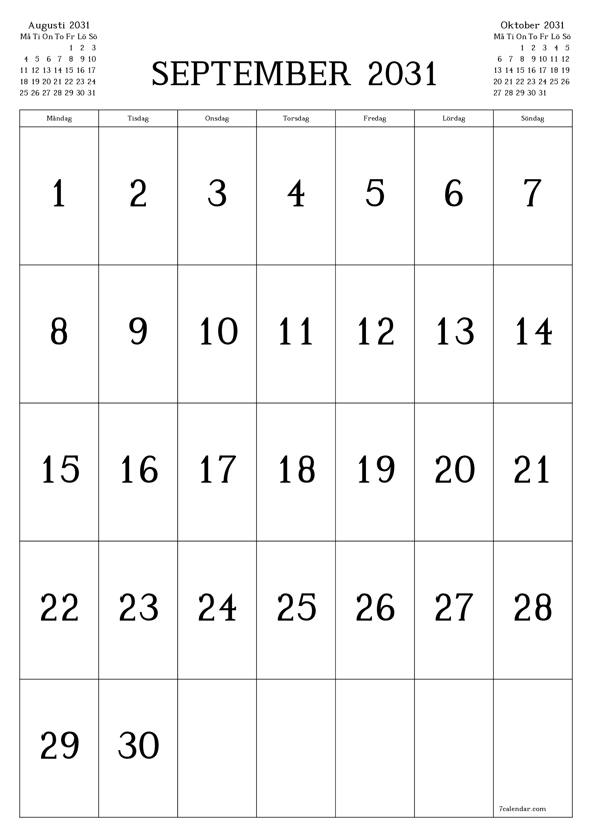 utskrivbar vägg mall gratis vertikal Månatlig kalender September (Sep) 2031