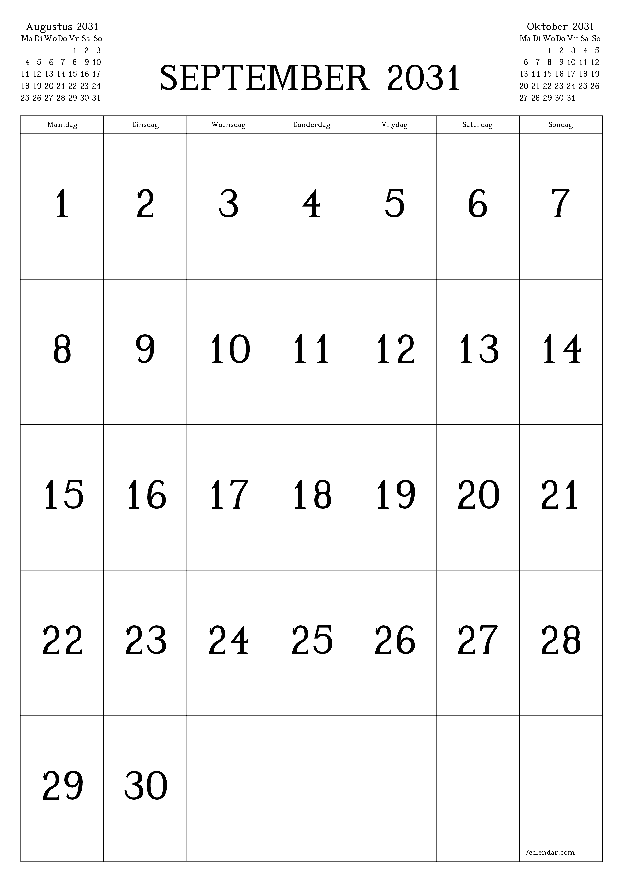 drukbare muur template gratis vertikaal Maandeliks kalender September (Sep) 2031