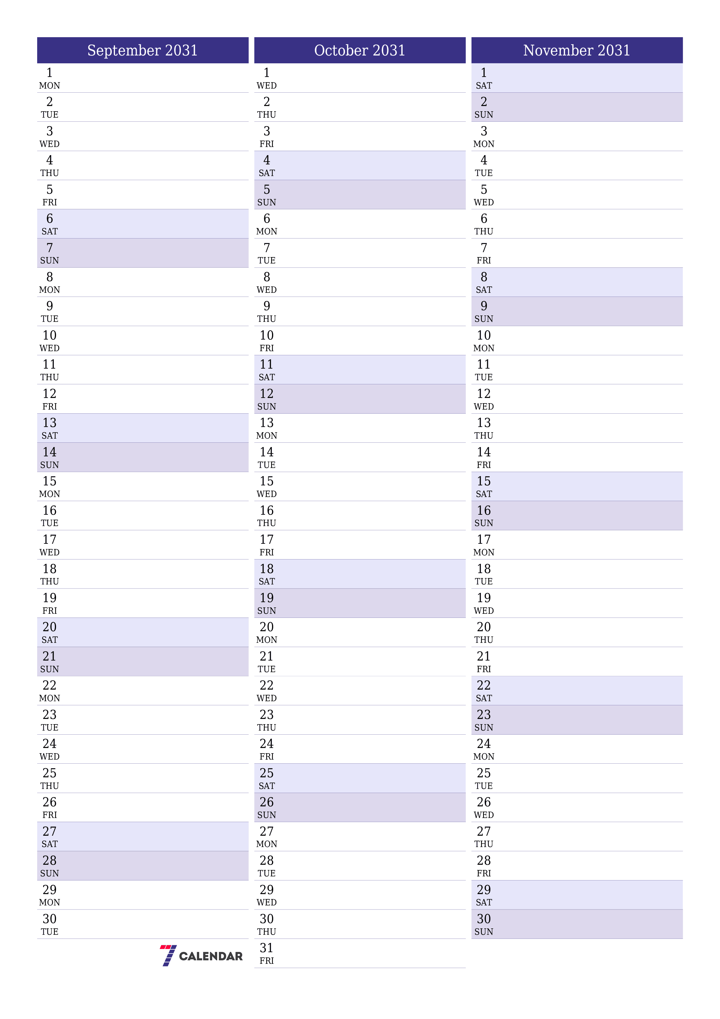 printable wall template free vertical Monthly planner calendar September (Sep) 2031