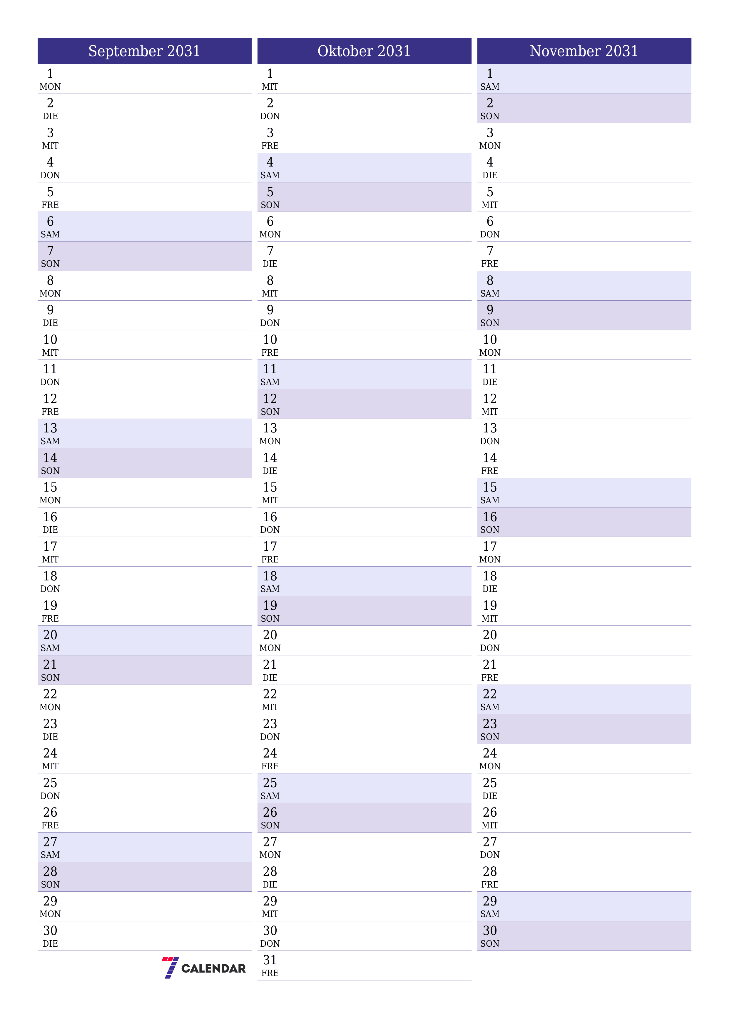  zum Ausdrucken Wandkalender vorlage kostenloser vertikal Monatlich Planer Kalender September (Sep) 2031
