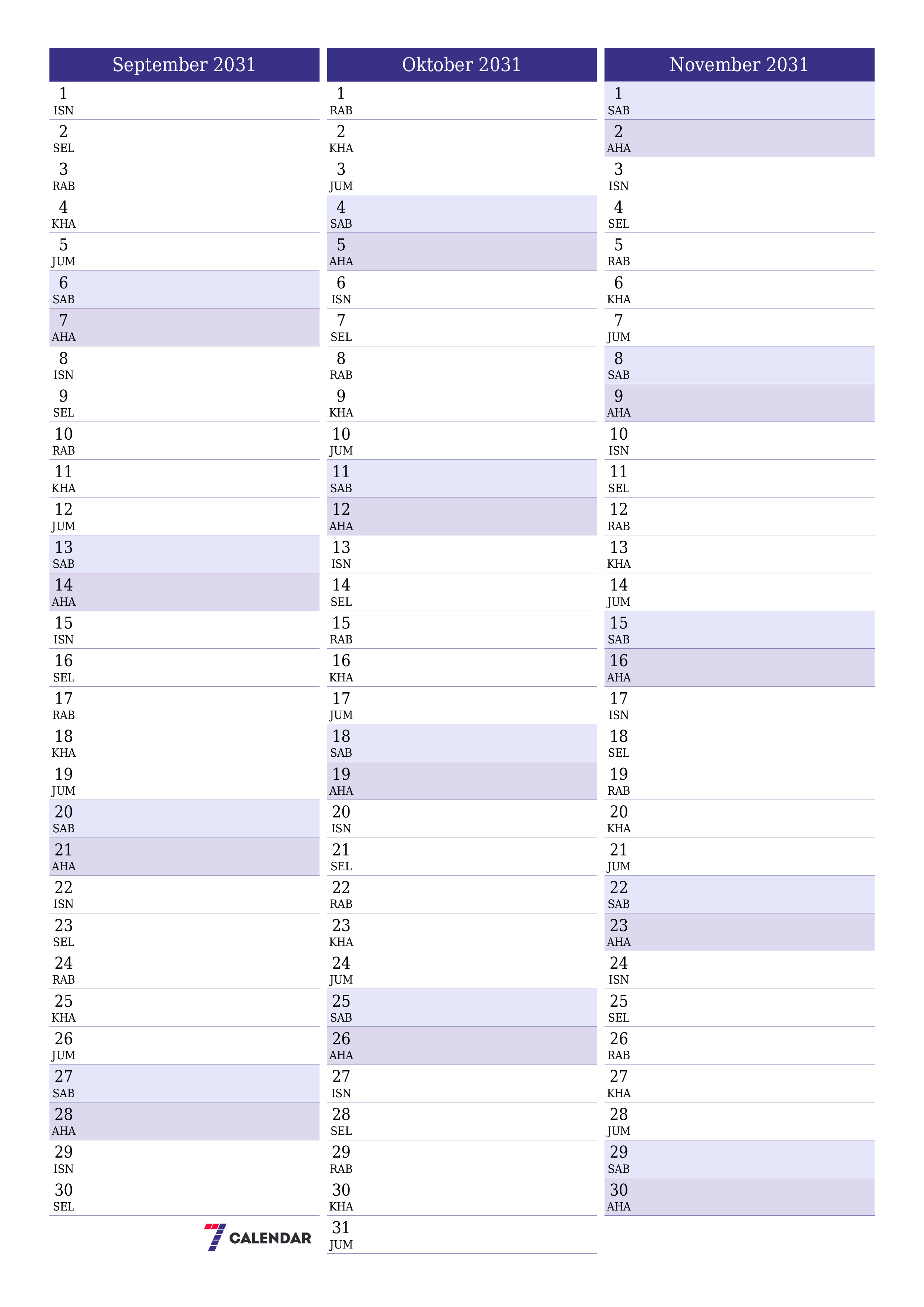 boleh cetak dinding templat percumamenegak Bulanan perancang kalendar September (Sep) 2031