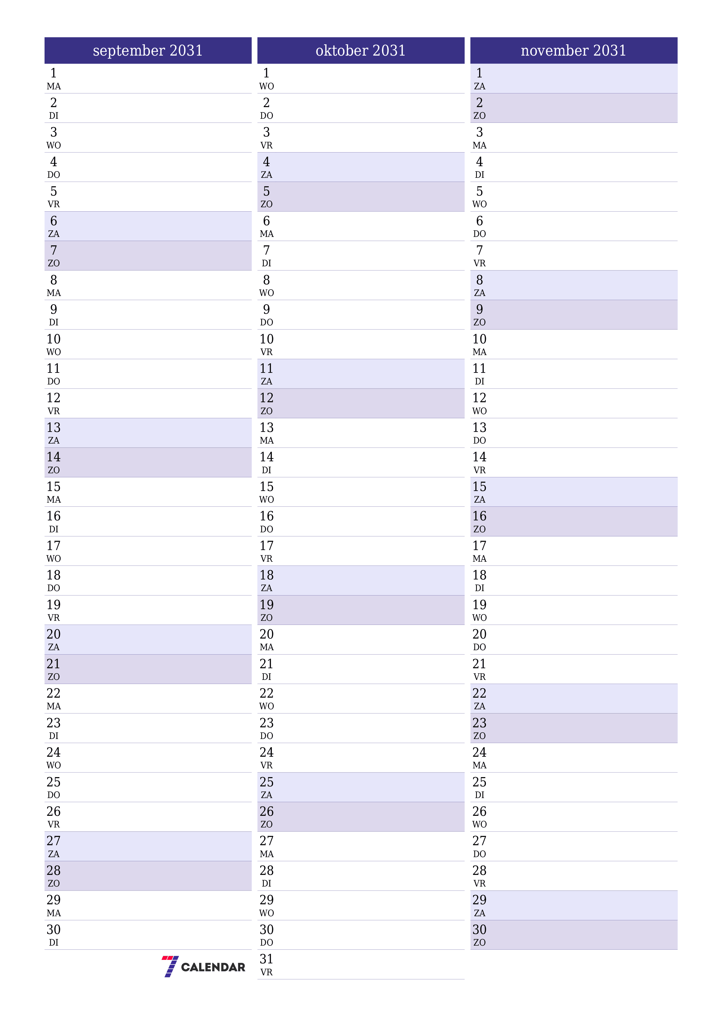 afdrukbare muur sjabloon gratis verticaal Maandelijks planner kalender september (sep) 2031
