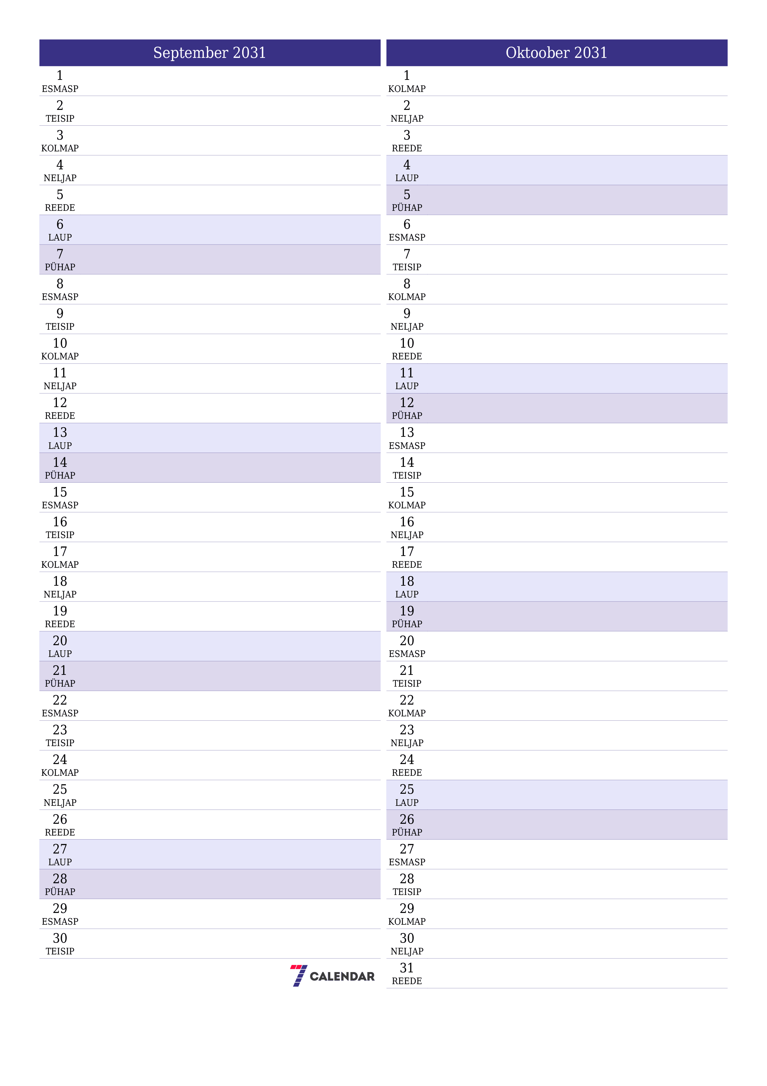 Tühjendage kuu September 2031 kuuplaneerija märkmetega, salvestage ja printige PDF-i PNG Estonian