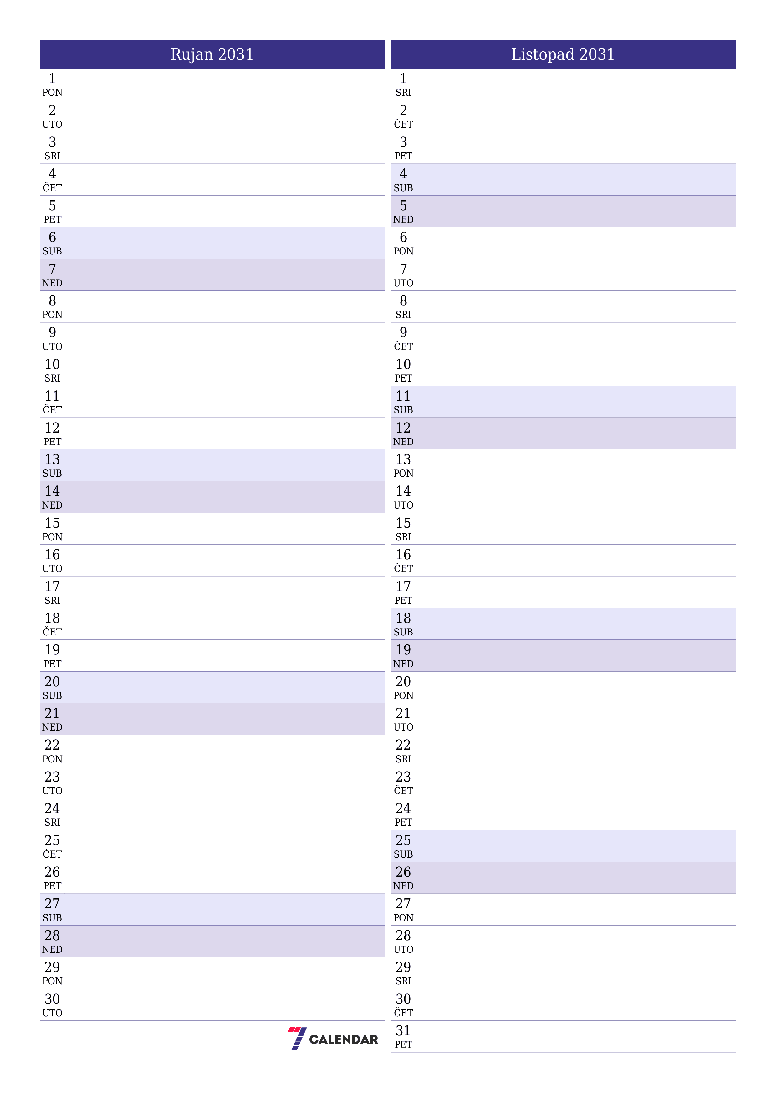  za ispis zidni predložak a besplatni okomito Mjesečni planer kalendar Rujan (Ruj) 2031