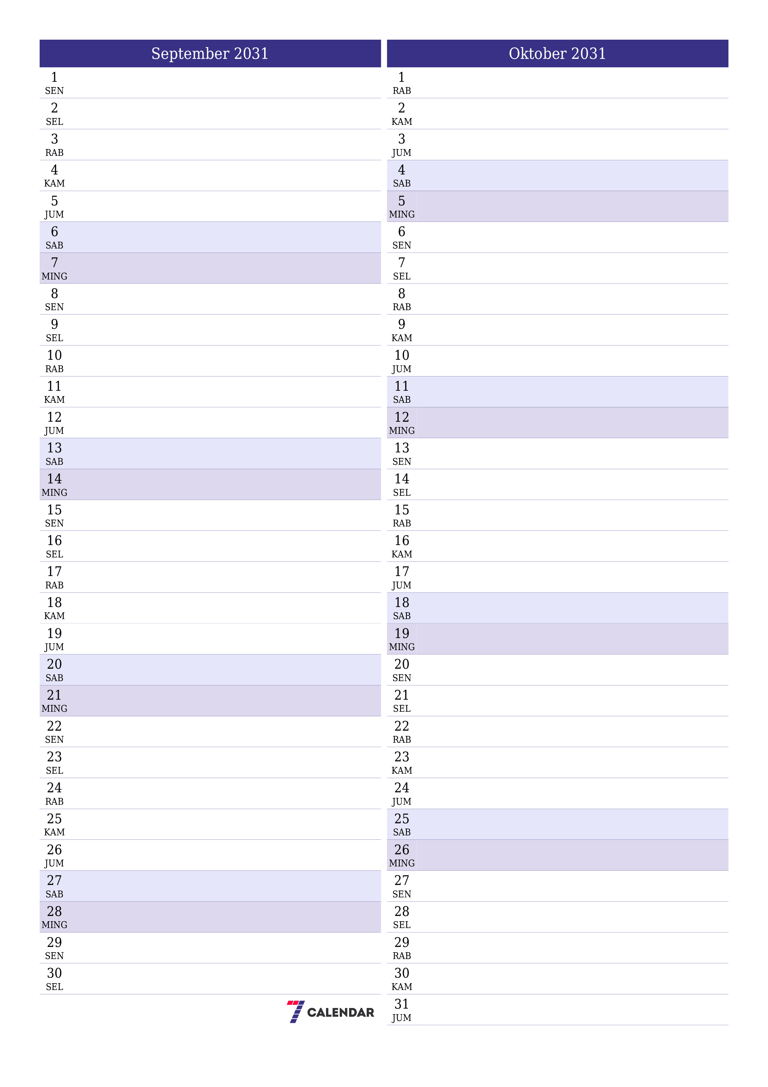  yang dapat dicetak dinding templat gratisvertikal Bulanan perencana kalender September (Sep) 2031