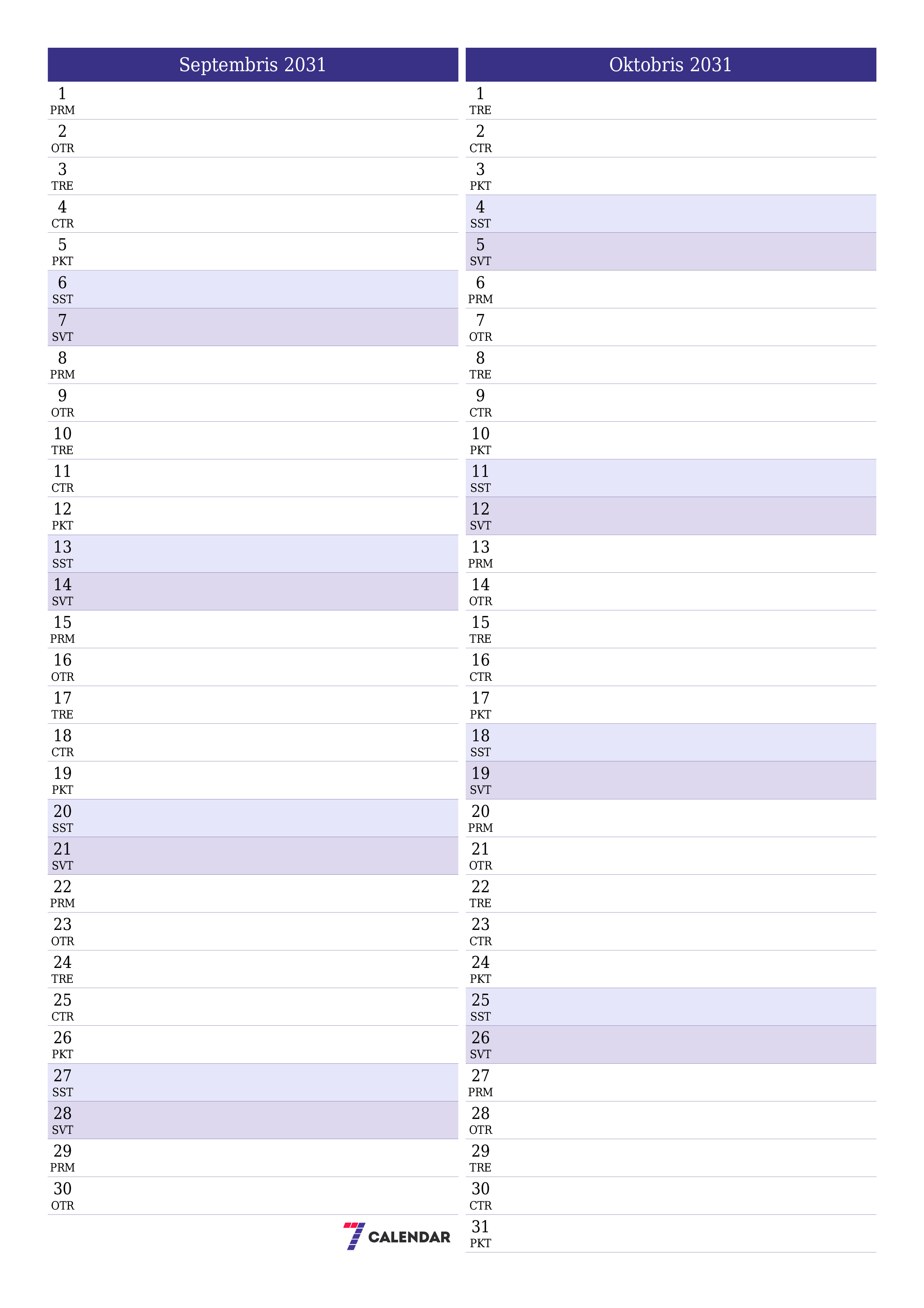 izdrukājams sienas kalendāra veidne bezmaksas vertikāli Mēneša plānotājs kalendārs Septembris (Sep) 2031