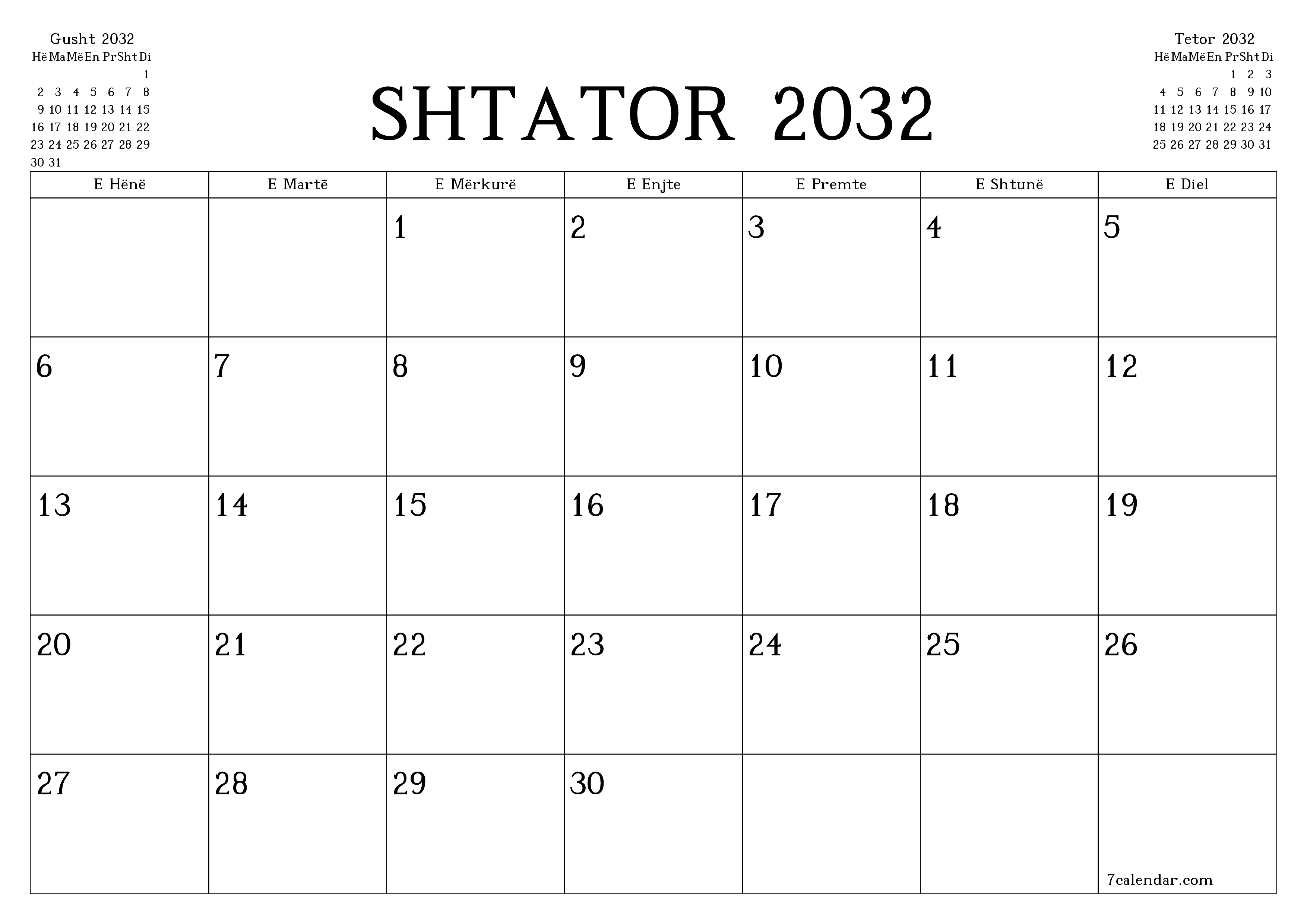  i printueshëm muri shabllon falashorizontale mujore planifikues kalendar Shtator (Sht) 2032