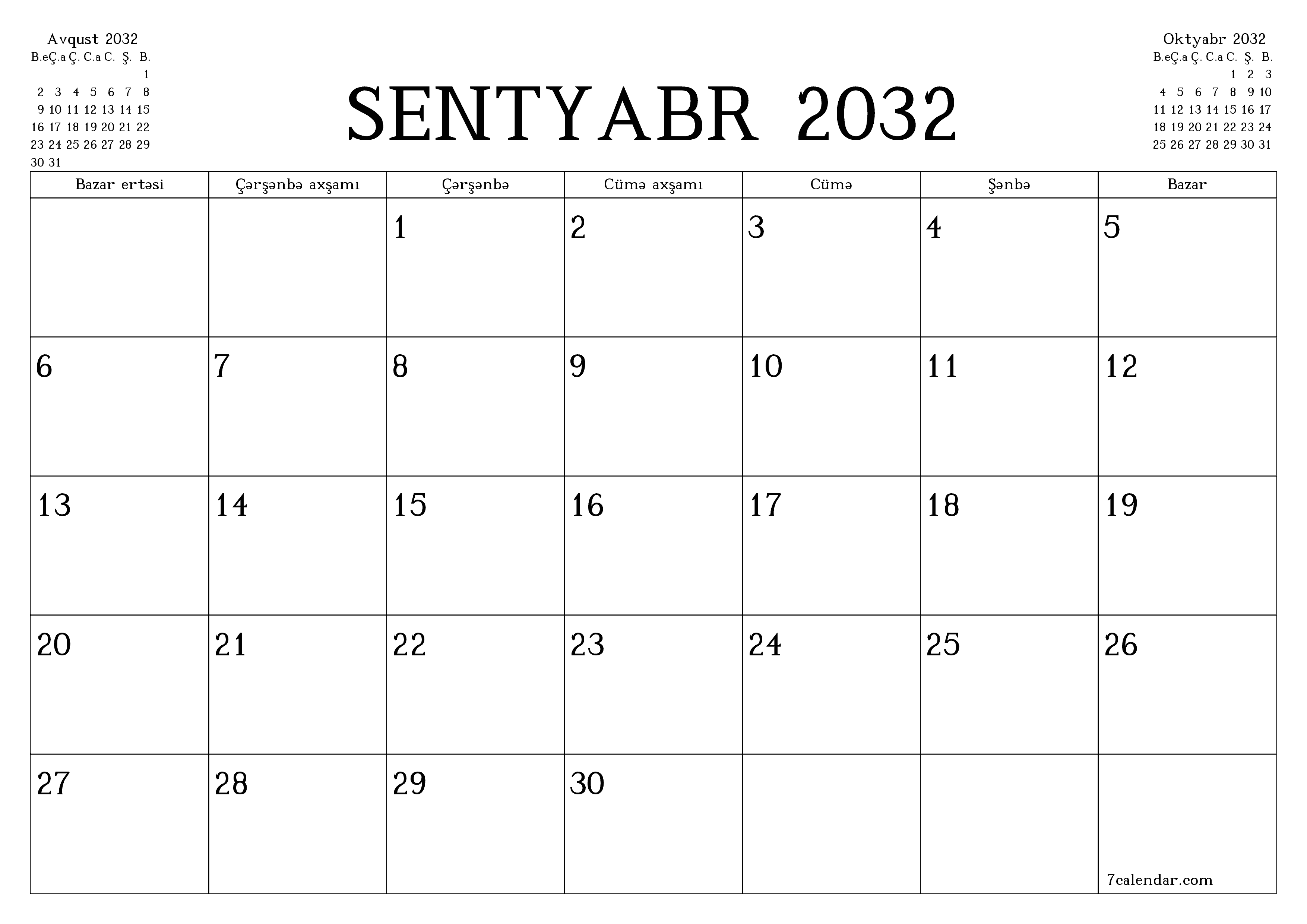 Sentyabr 2032 ayı üçün qeydlər ilə boş aylıq planlayıcı, qeyd edin və PDF-ə yazdırın PNG Azerbaijani
