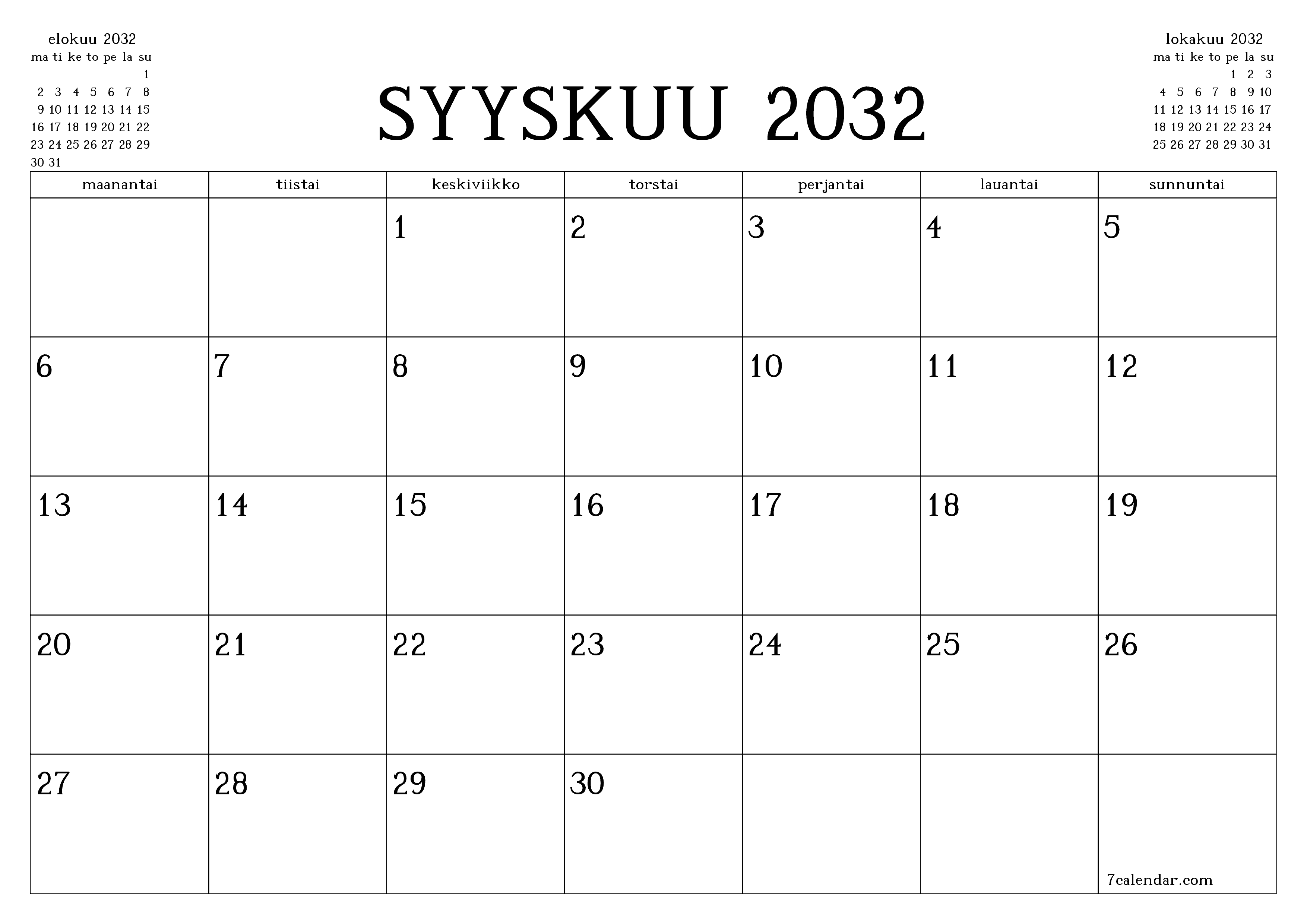 Tyhjennä kuukausittainen suunnittelija kuukaudelle Syyskuu 2032 muistiinpanoilla, tallenna ja tulosta PDF-muotoon PNG Finnish