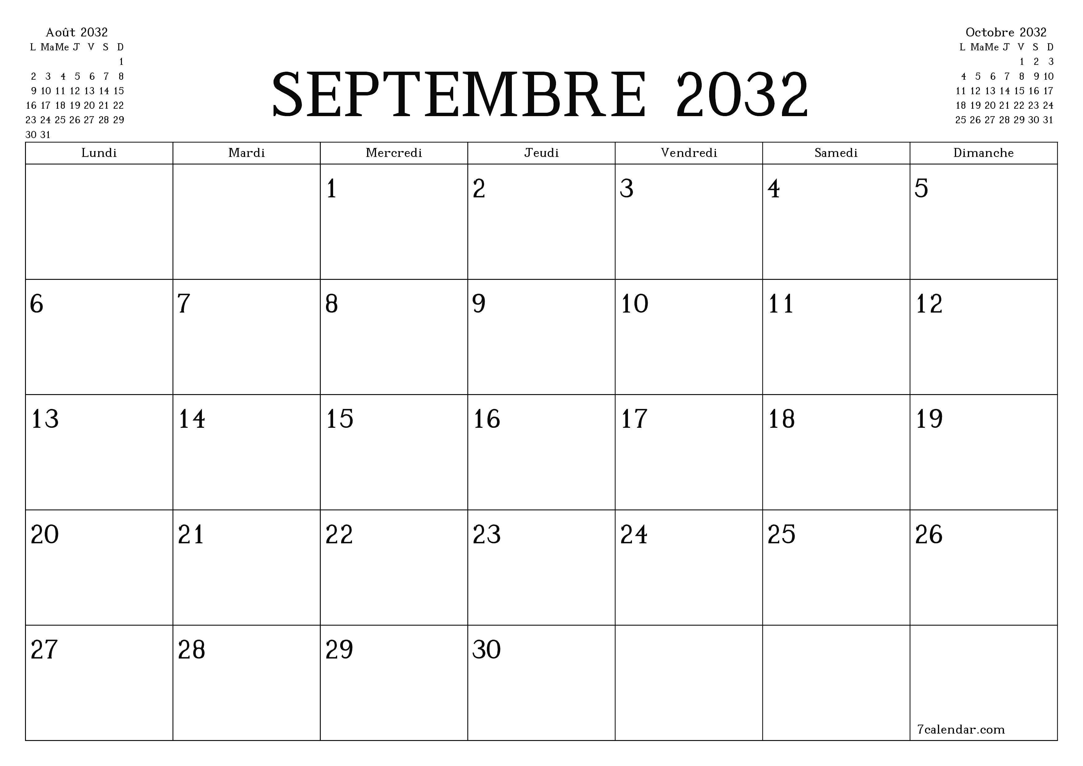 Agenda mensuel vide pour le mois Septembre 2032 avec notes, enregistrez et imprimez au format PDF PNG French