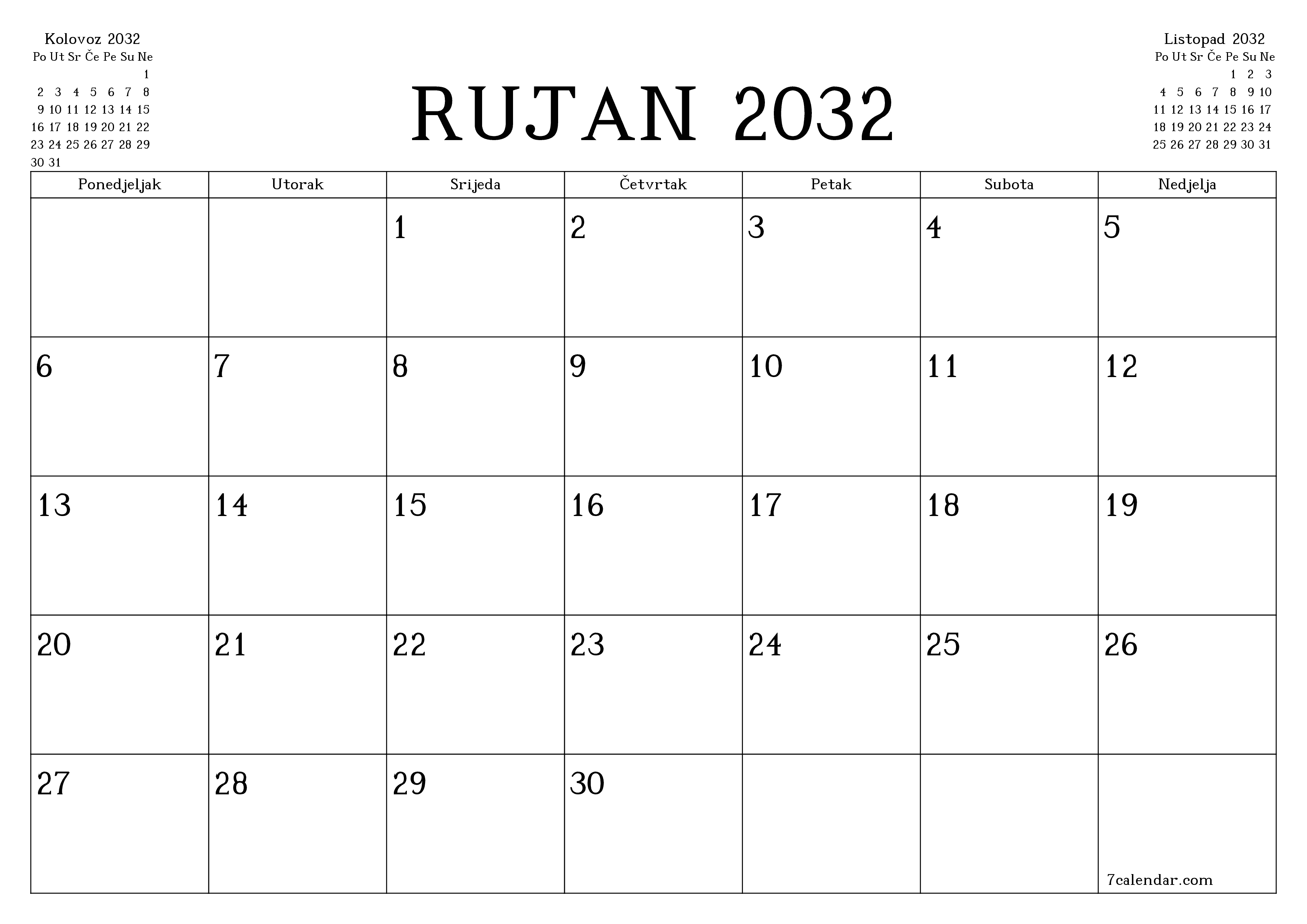 Ispraznite mjesečni planer za mjesec Rujan 2032 s bilješkama, spremite i ispišite u PDF PNG Croatian
