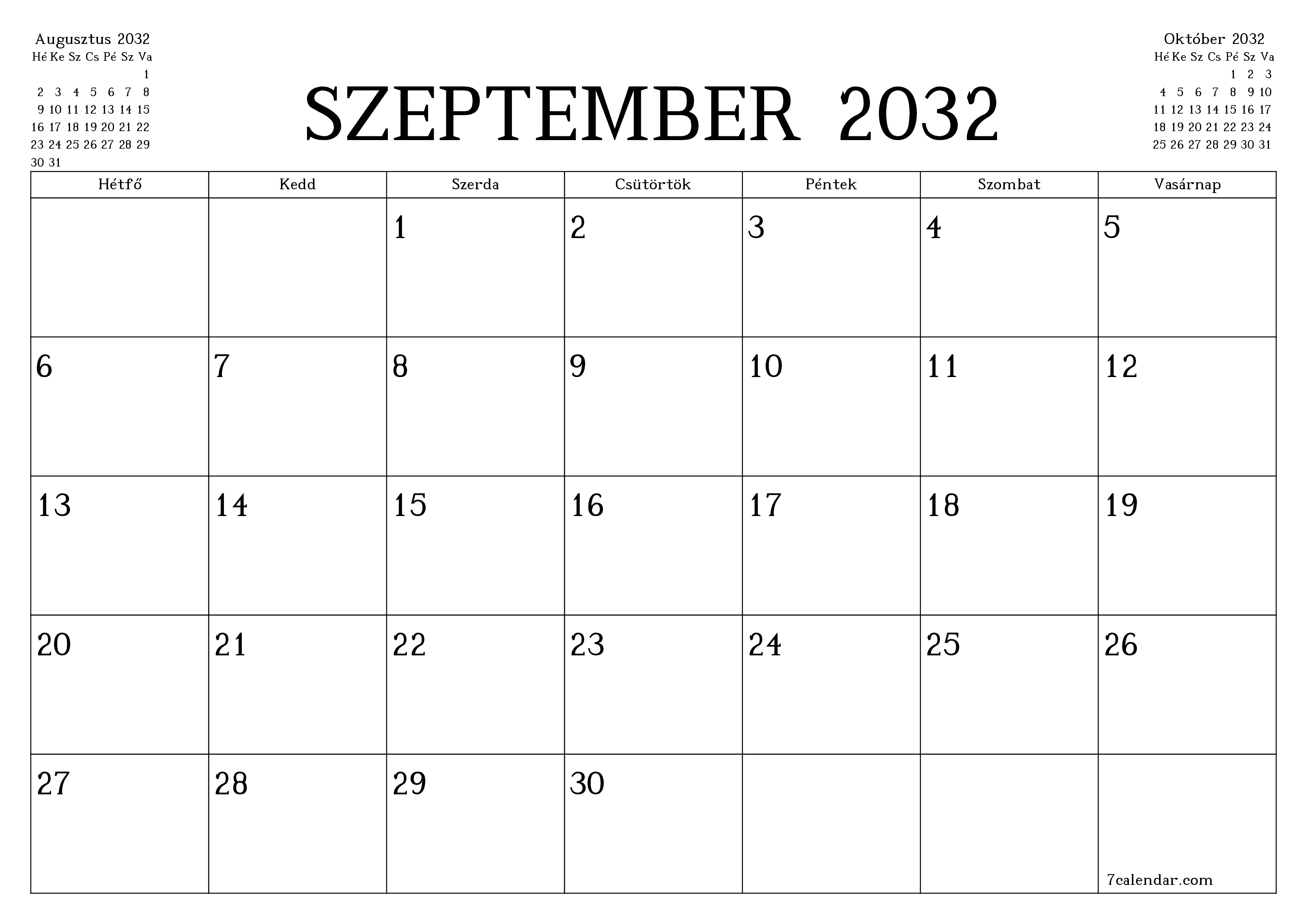 Üres havi tervező a Szeptember 2032 hónapra jegyzetekkel, mentés és nyomtatás PDF-be PNG Hungarian