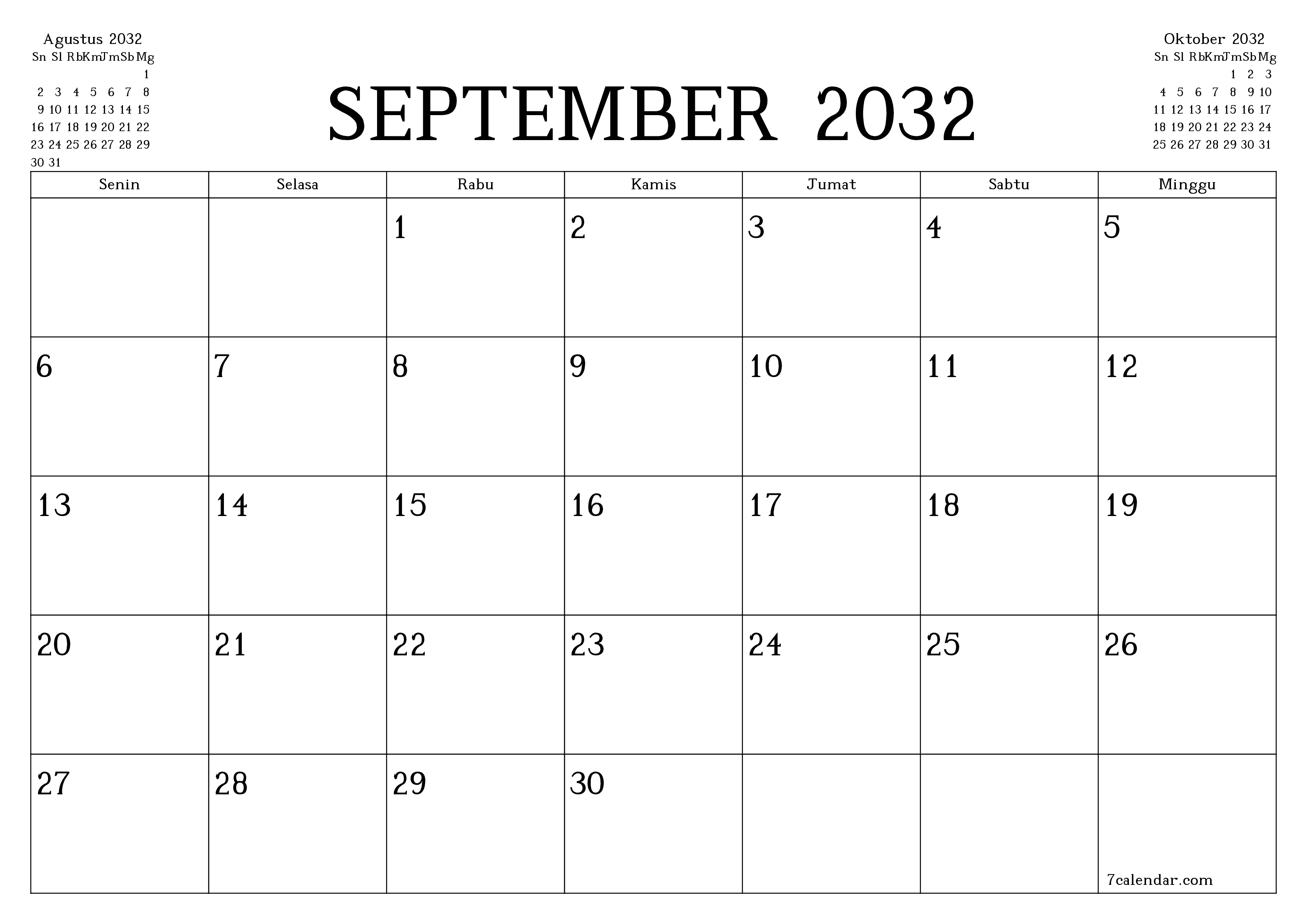 Kosongkan agenda bulanan untuk bulan September 2032 dengan catatan, simpan dan cetak ke PDF PNG Indonesian