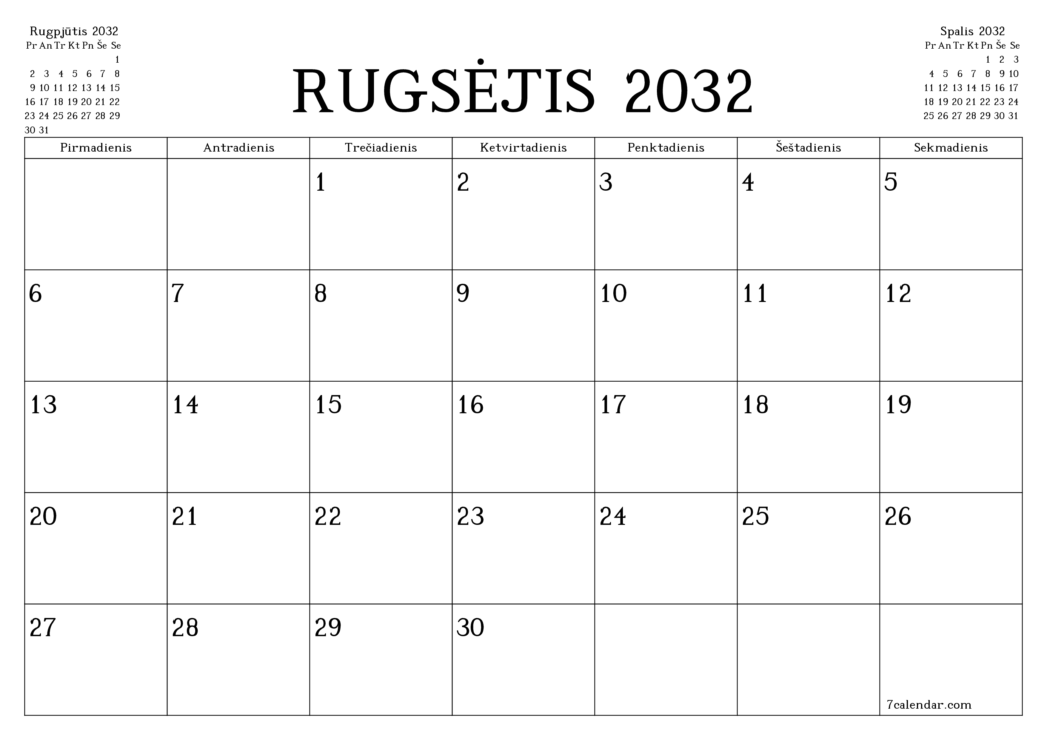 Ištuštinti mėnesio Rugsėjis 2032 mėnesio planavimo priemonę su užrašais, išsaugoti ir atsispausdinti PDF formate PNG Lithuanian