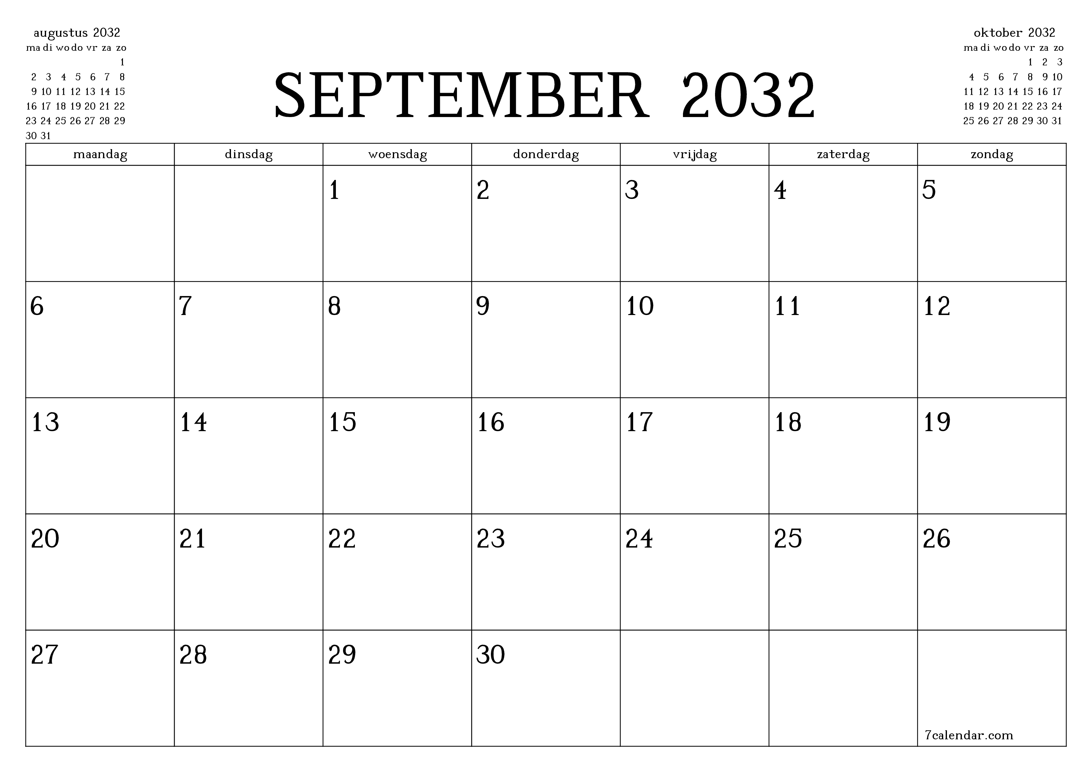 Lege maandplanner voor maand september 2032 met notities, opslaan en afdrukken naar pdf PNG Dutch