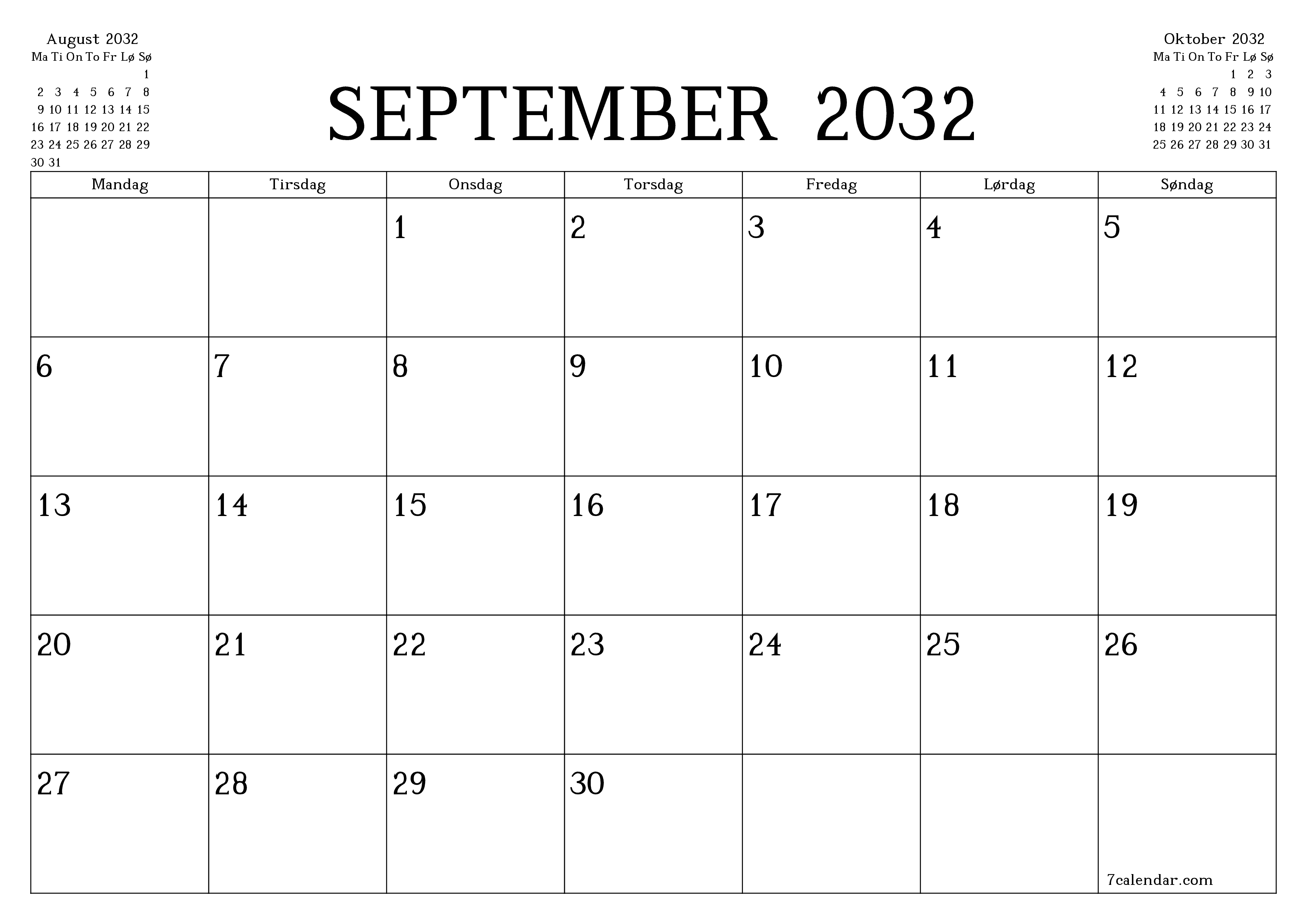 Tom månedlig planlegger for måned September 2032 med notater, lagre og skriv ut til PDF PNG Norwegian