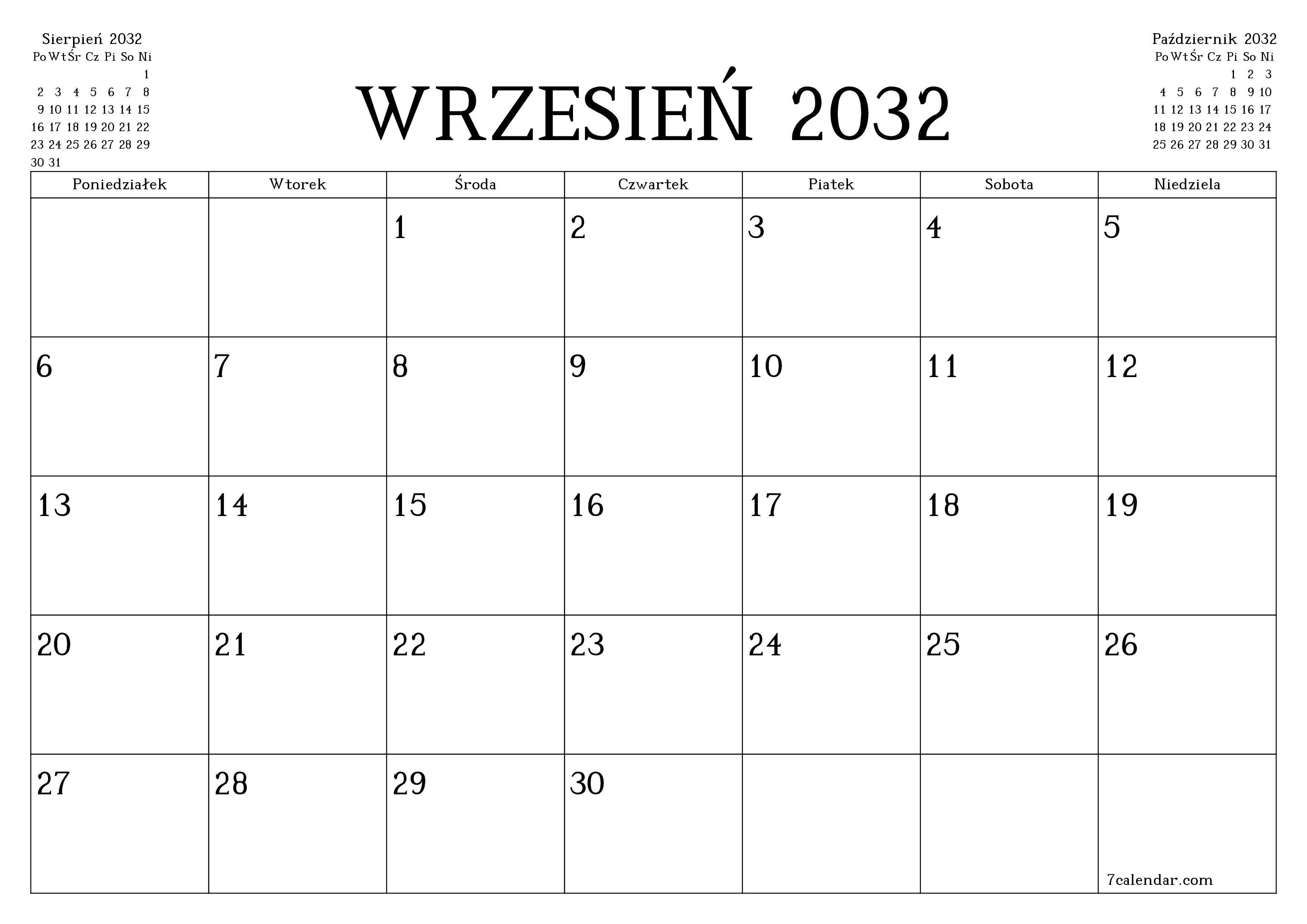 Opróżnij miesięczny planer na miesiąc Wrzesień 2032 z notatkami, zapisz i wydrukuj w formacie PDF PNG Polish