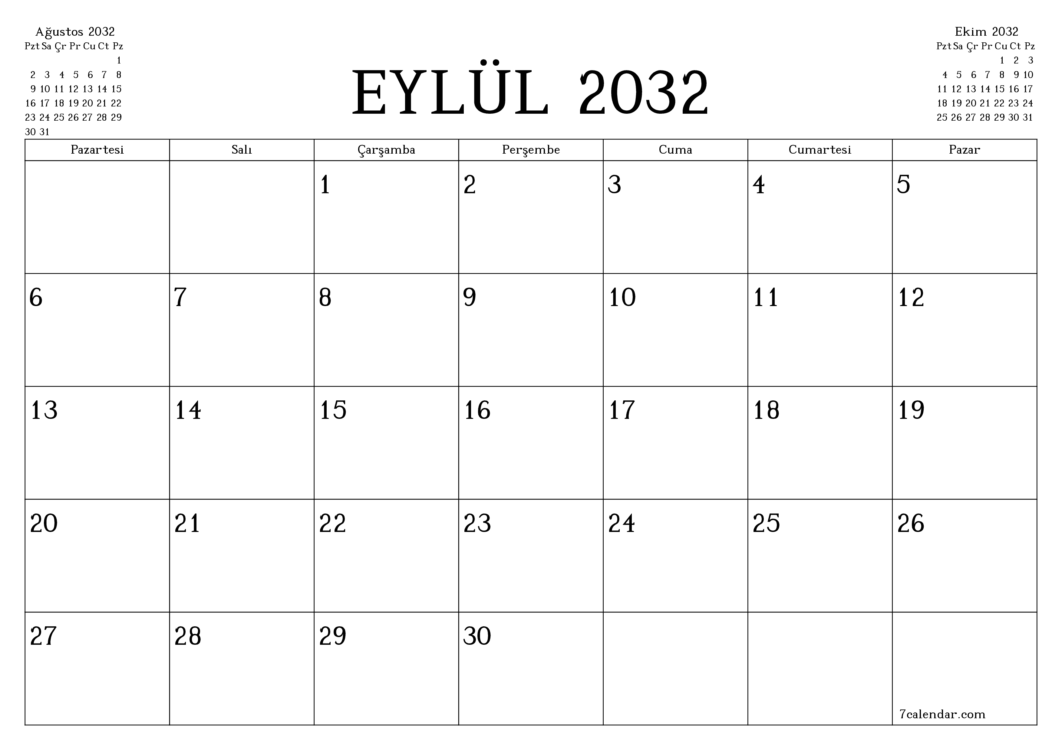 Eylül 2032 ayı için notlarla birlikte boş aylık planlayıcı, kaydedin ve PDF'ye yazdırın PNG Turkish