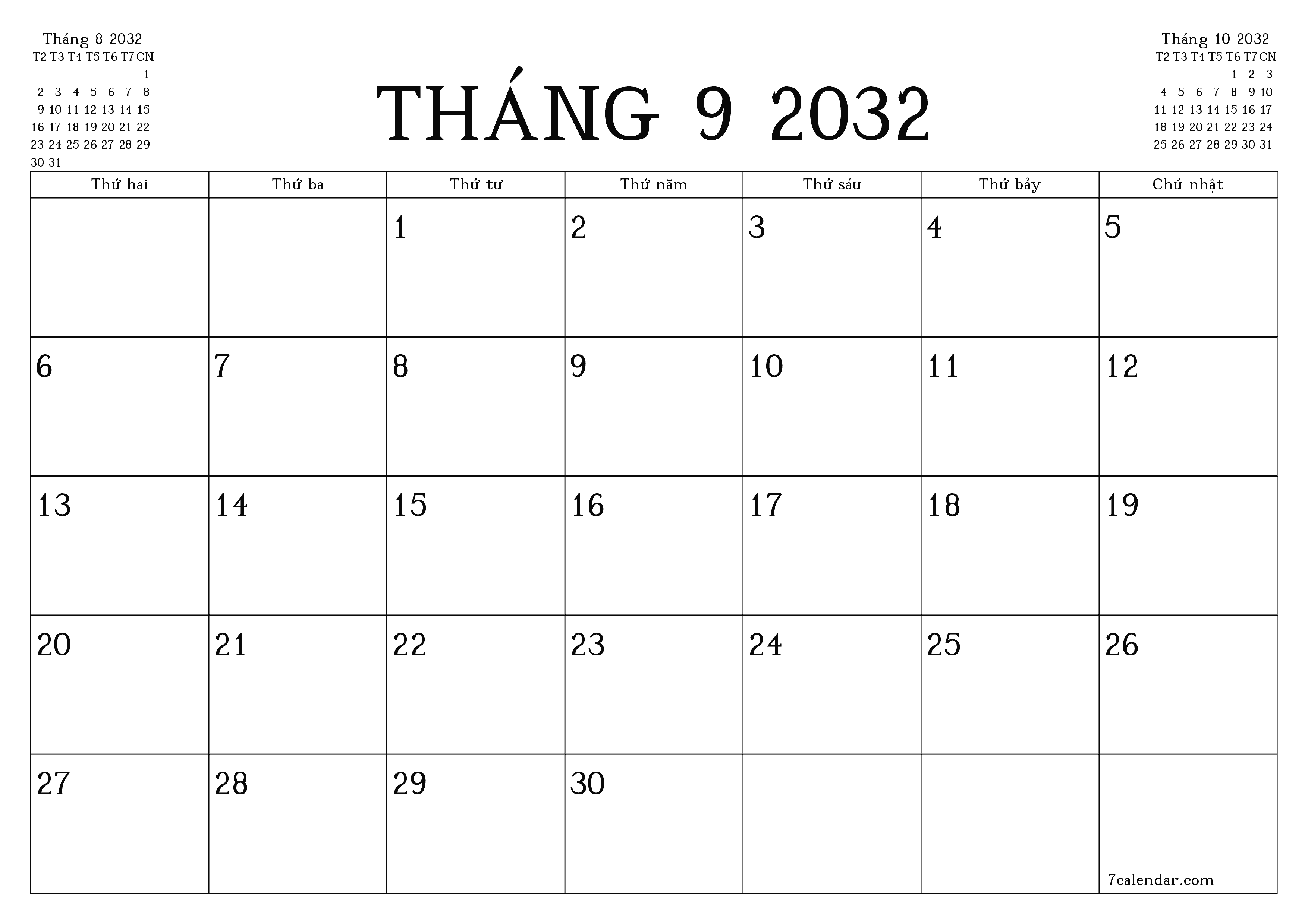Công cụ lập kế hoạch hàng tháng trống cho tháng Tháng 9 2032 có ghi chú, lưu và in sang PDF PNG Vietnamese