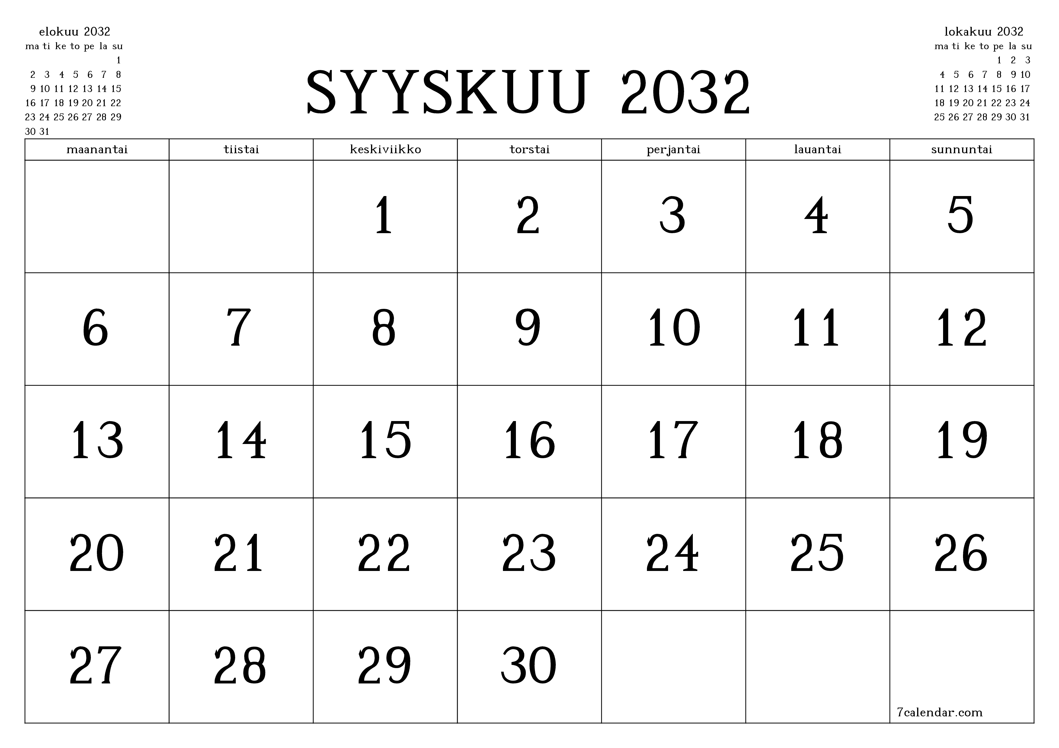 Tyhjennä kuukausittainen suunnittelija kuukaudelle Syyskuu 2032 muistiinpanoilla, tallenna ja tulosta PDF-muotoon PNG Finnish