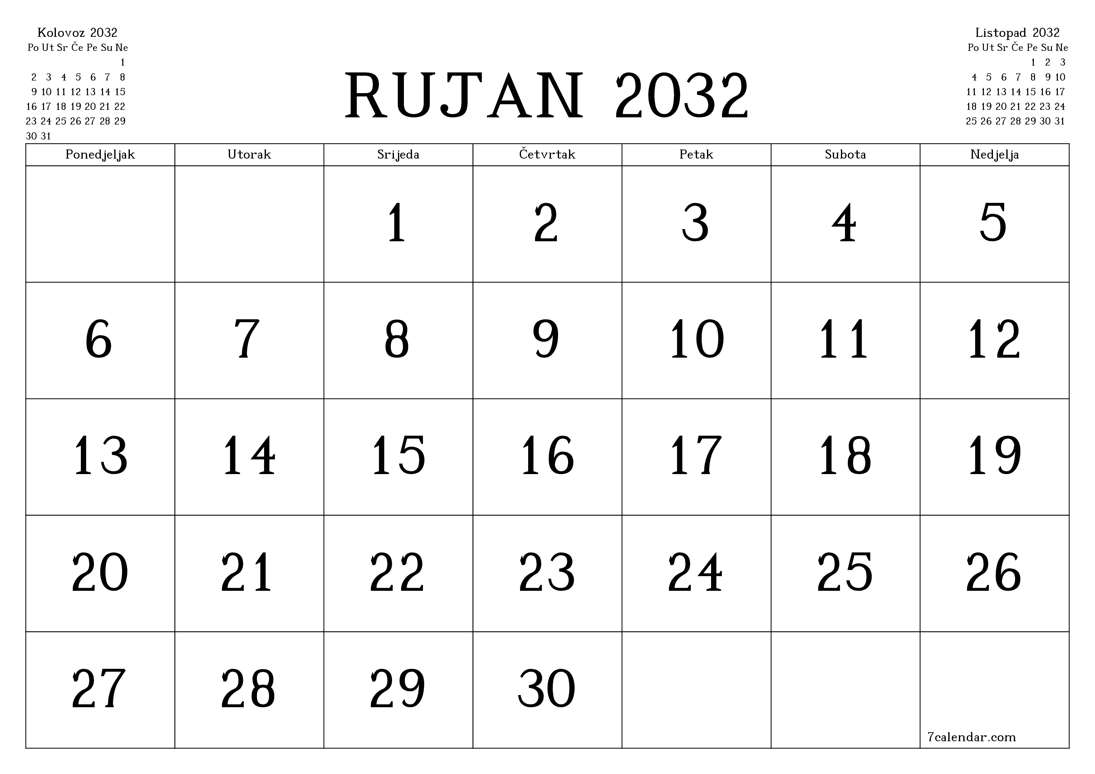 Ispraznite mjesečni planer za mjesec Rujan 2032 s bilješkama, spremite i ispišite u PDF PNG Croatian