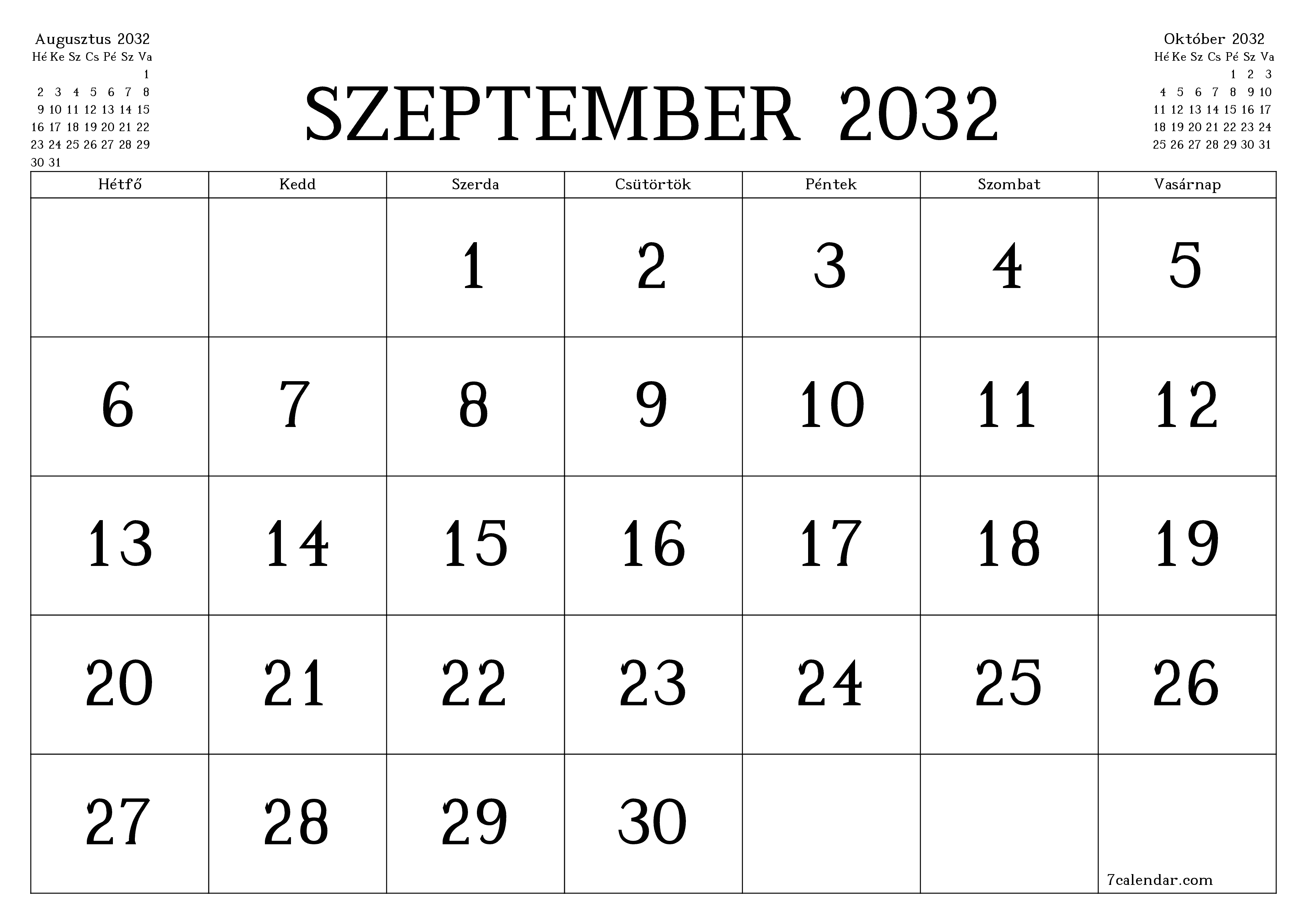 Üres havi tervező a Szeptember 2032 hónapra jegyzetekkel, mentés és nyomtatás PDF-be PNG Hungarian