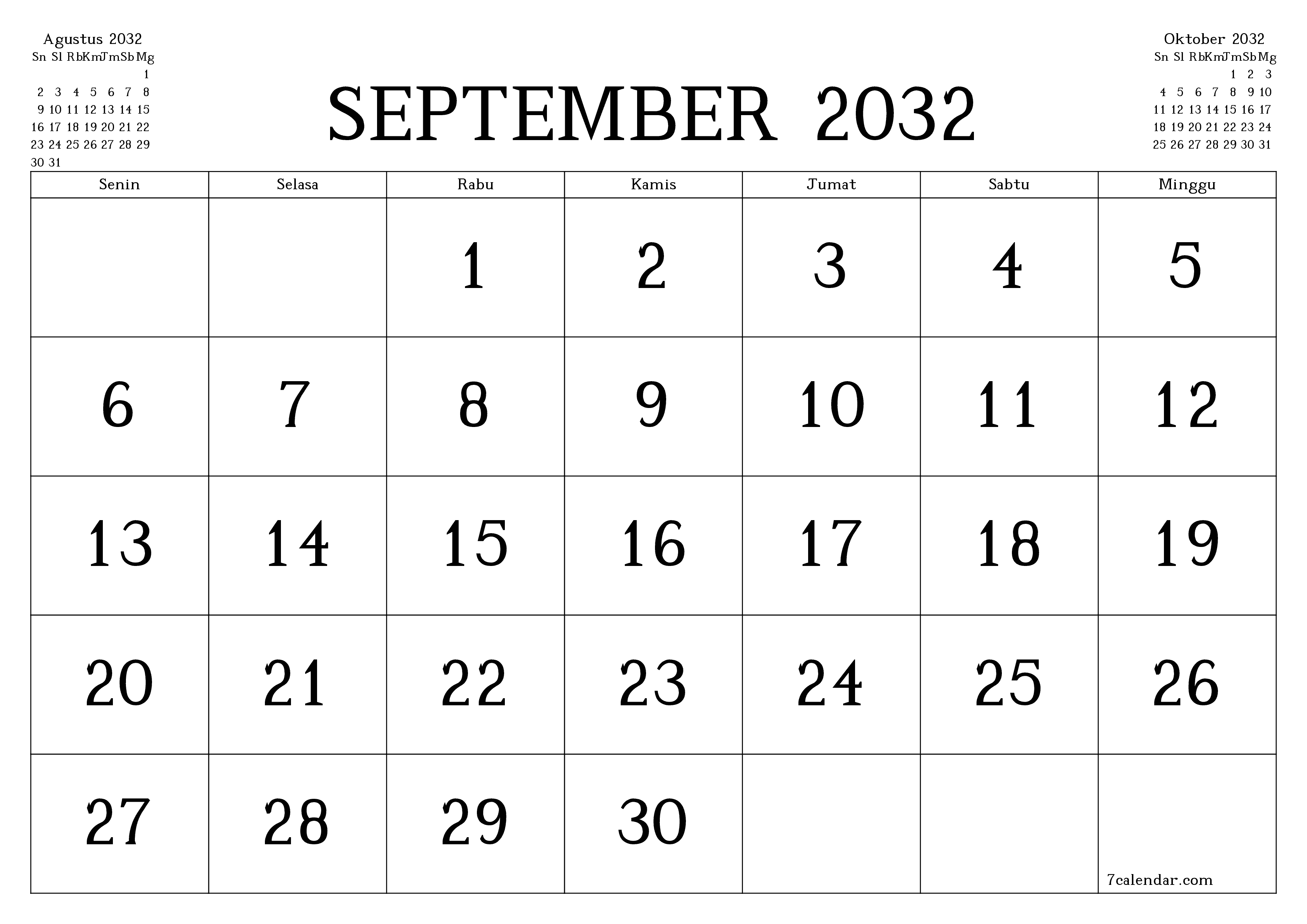 Kosongkan agenda bulanan untuk bulan September 2032 dengan catatan, simpan dan cetak ke PDF PNG Indonesian