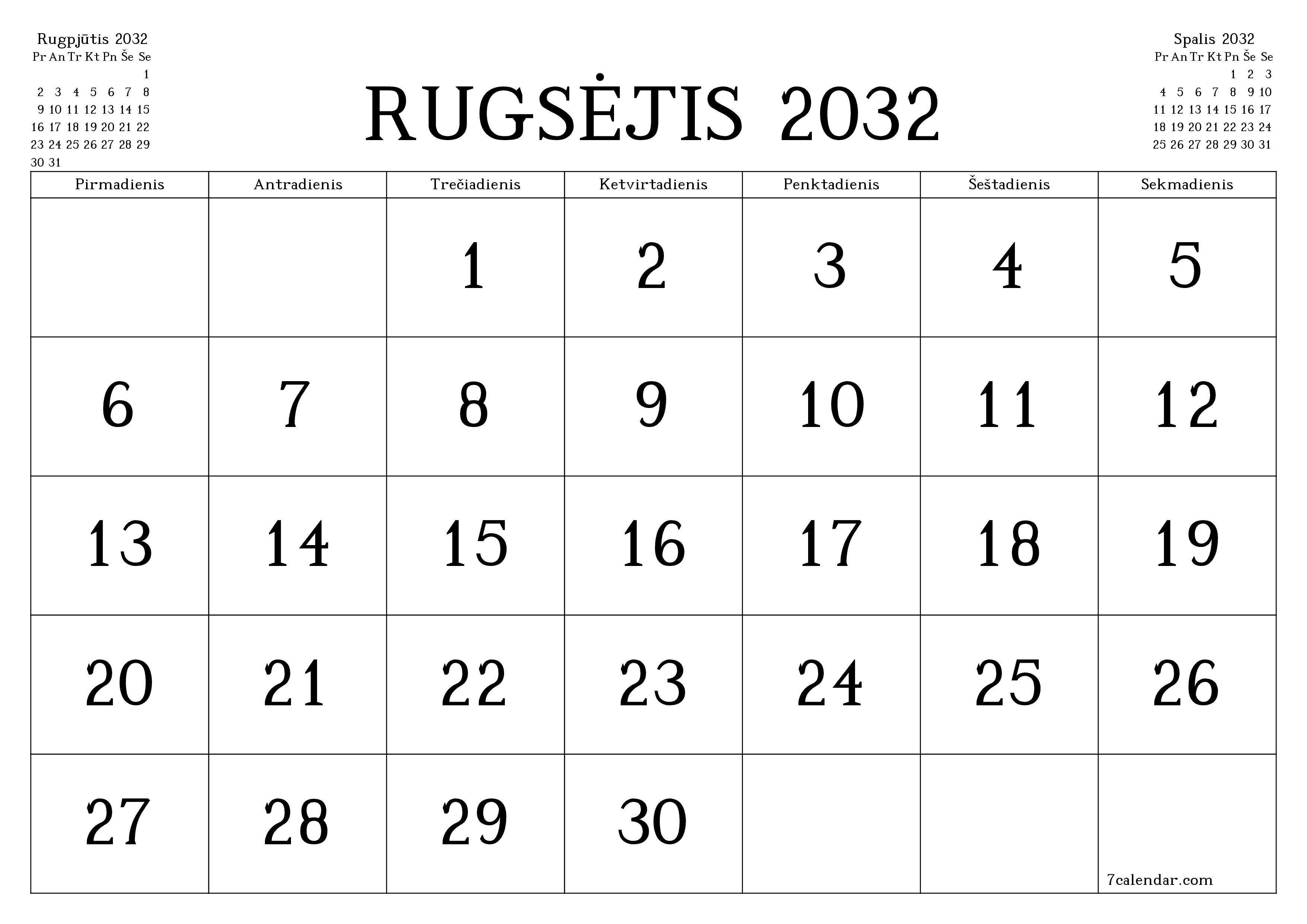 Ištuštinti mėnesio Rugsėjis 2032 mėnesio planavimo priemonę su užrašais, išsaugoti ir atsispausdinti PDF formate PNG Lithuanian