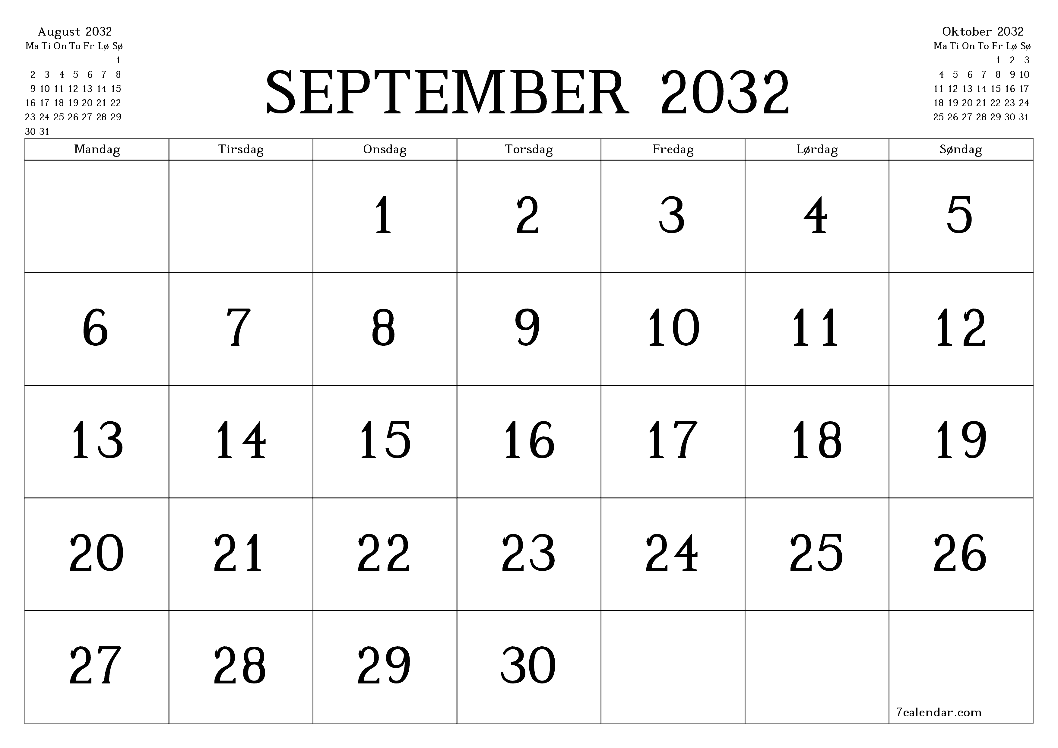 Tom månedlig planlegger for måned September 2032 med notater, lagre og skriv ut til PDF PNG Norwegian