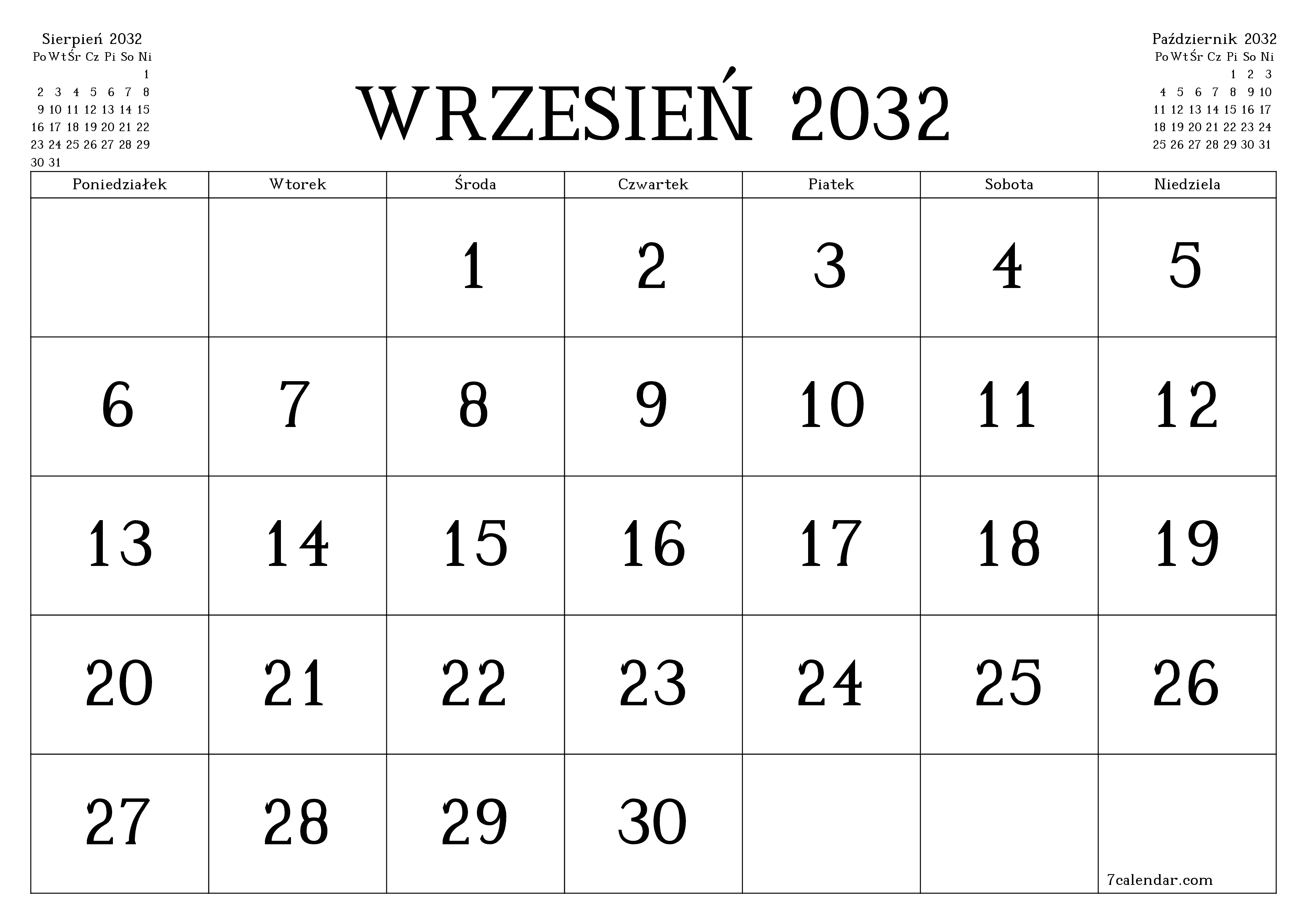 Opróżnij miesięczny planer na miesiąc Wrzesień 2032 z notatkami, zapisz i wydrukuj w formacie PDF PNG Polish