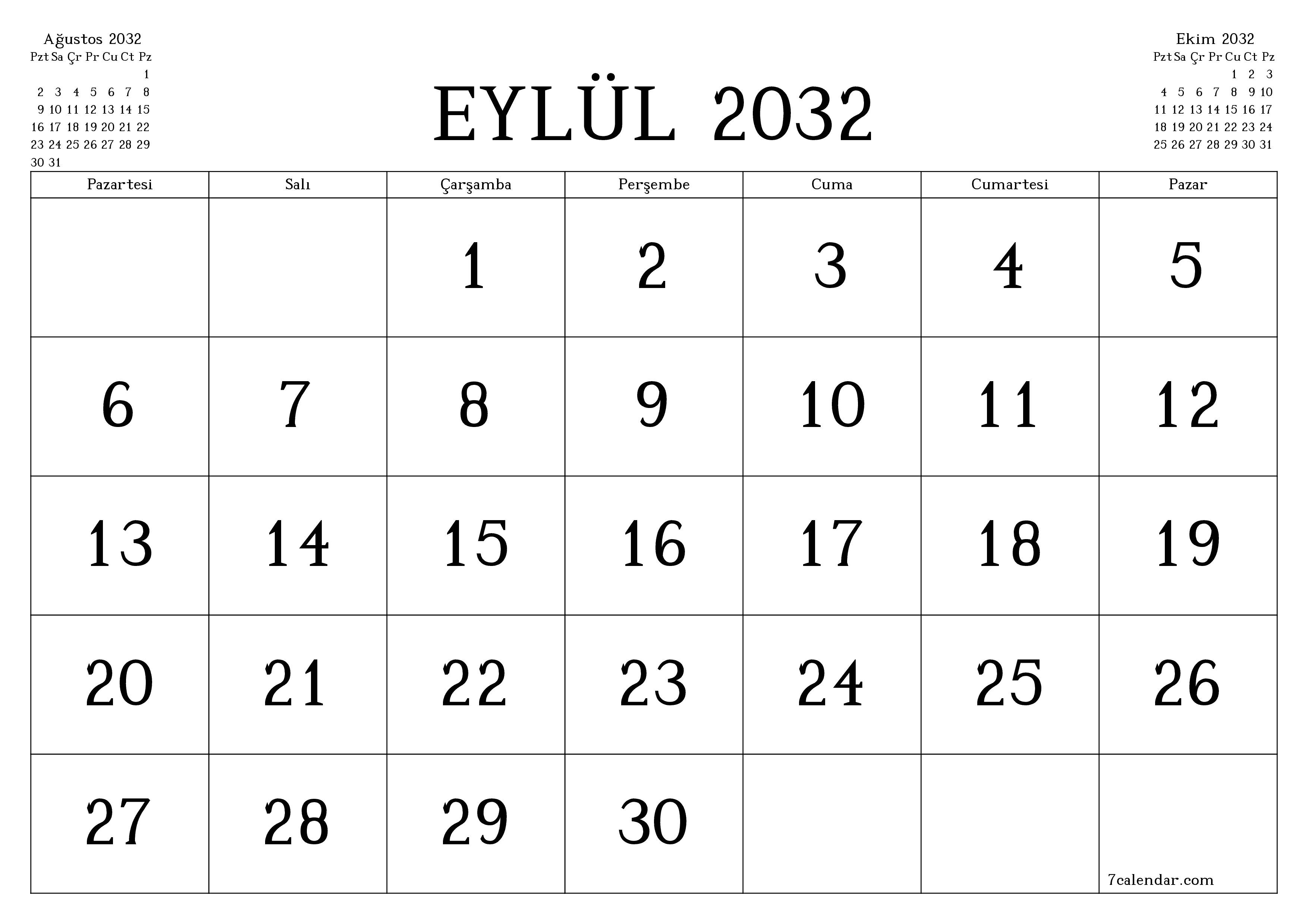 Eylül 2032 ayı için notlarla birlikte boş aylık planlayıcı, kaydedin ve PDF'ye yazdırın PNG Turkish