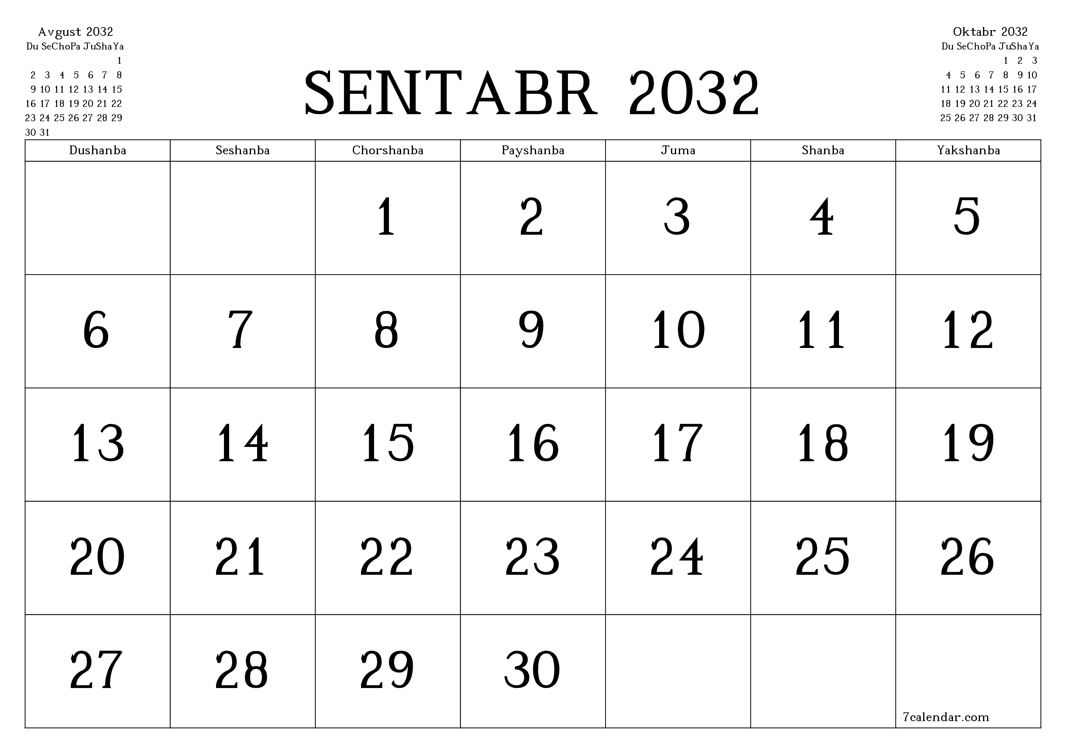 Sentabr 2032 oylik oylik rejalashtiruvchini yozuvlar bilan bo'shatish, saqlash va PDF-ga chop etish PNG Uzbek