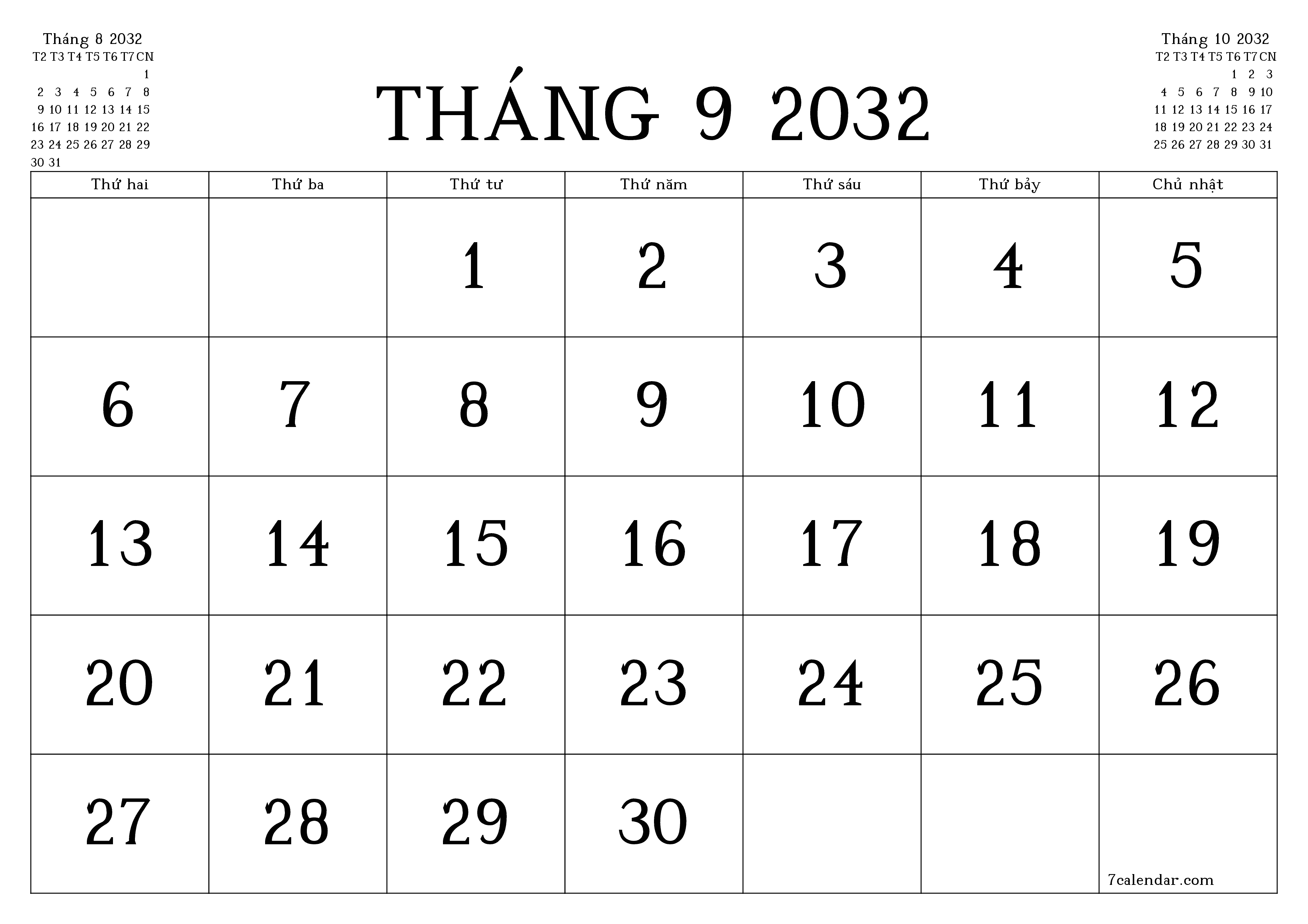 Công cụ lập kế hoạch hàng tháng trống cho tháng Tháng 9 2032 có ghi chú, lưu và in sang PDF PNG Vietnamese