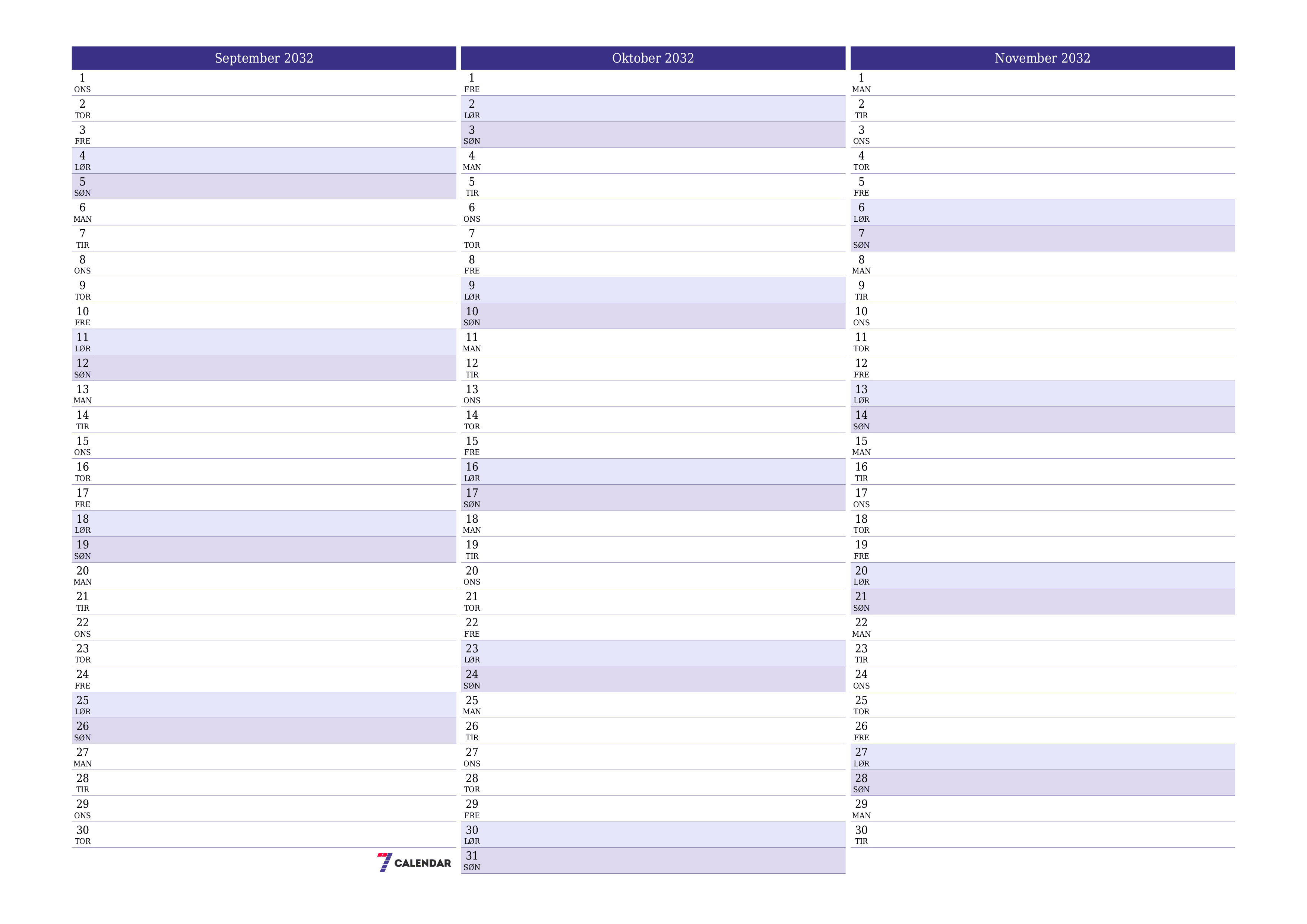 Tom månedlig planlegger for måned September 2032 med notater, lagre og skriv ut til PDF PNG Norwegian