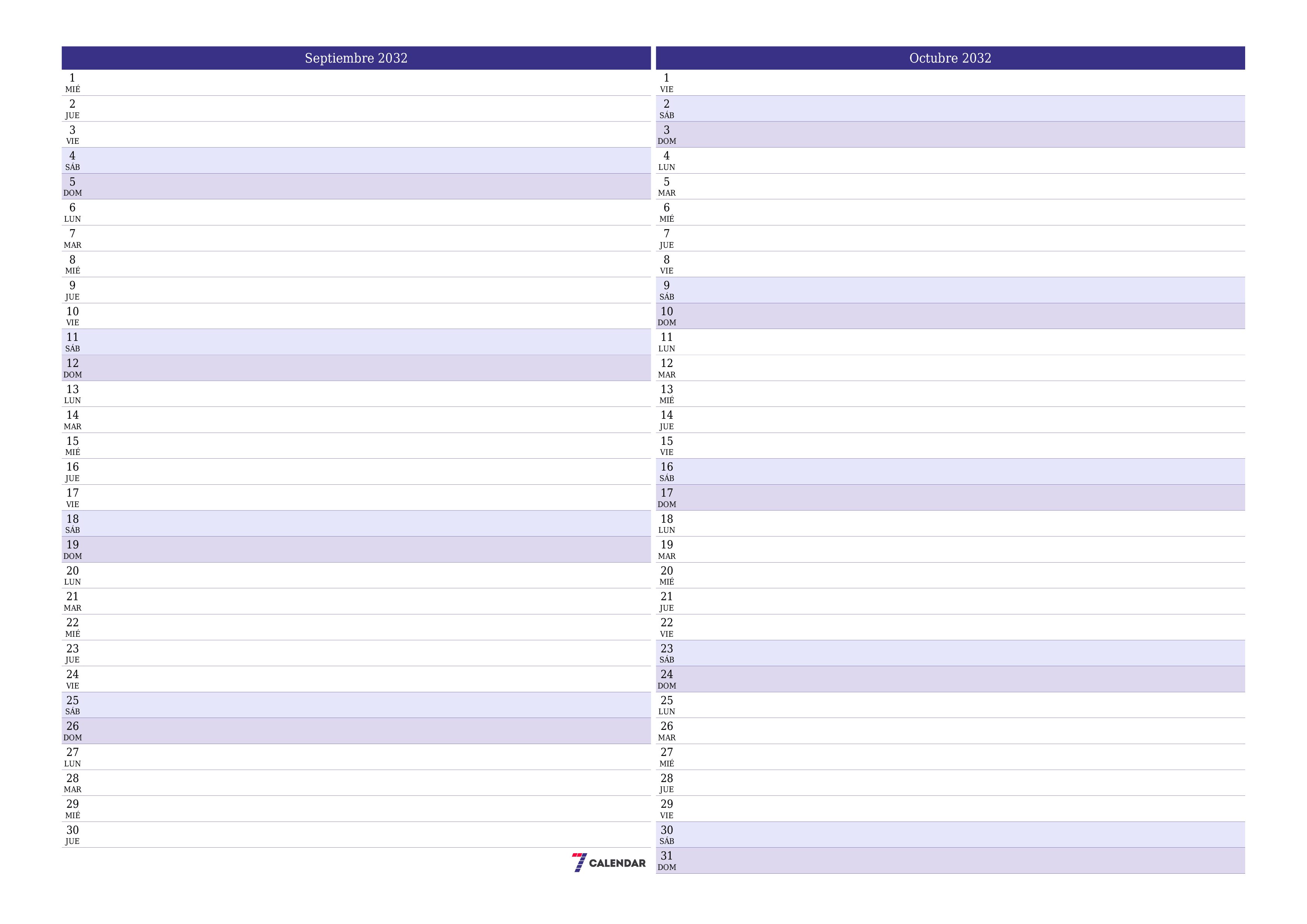 Planificador mensual vacío para el mes Septiembre 2032 con notas, guardar e imprimir en PDF PNG Spanish