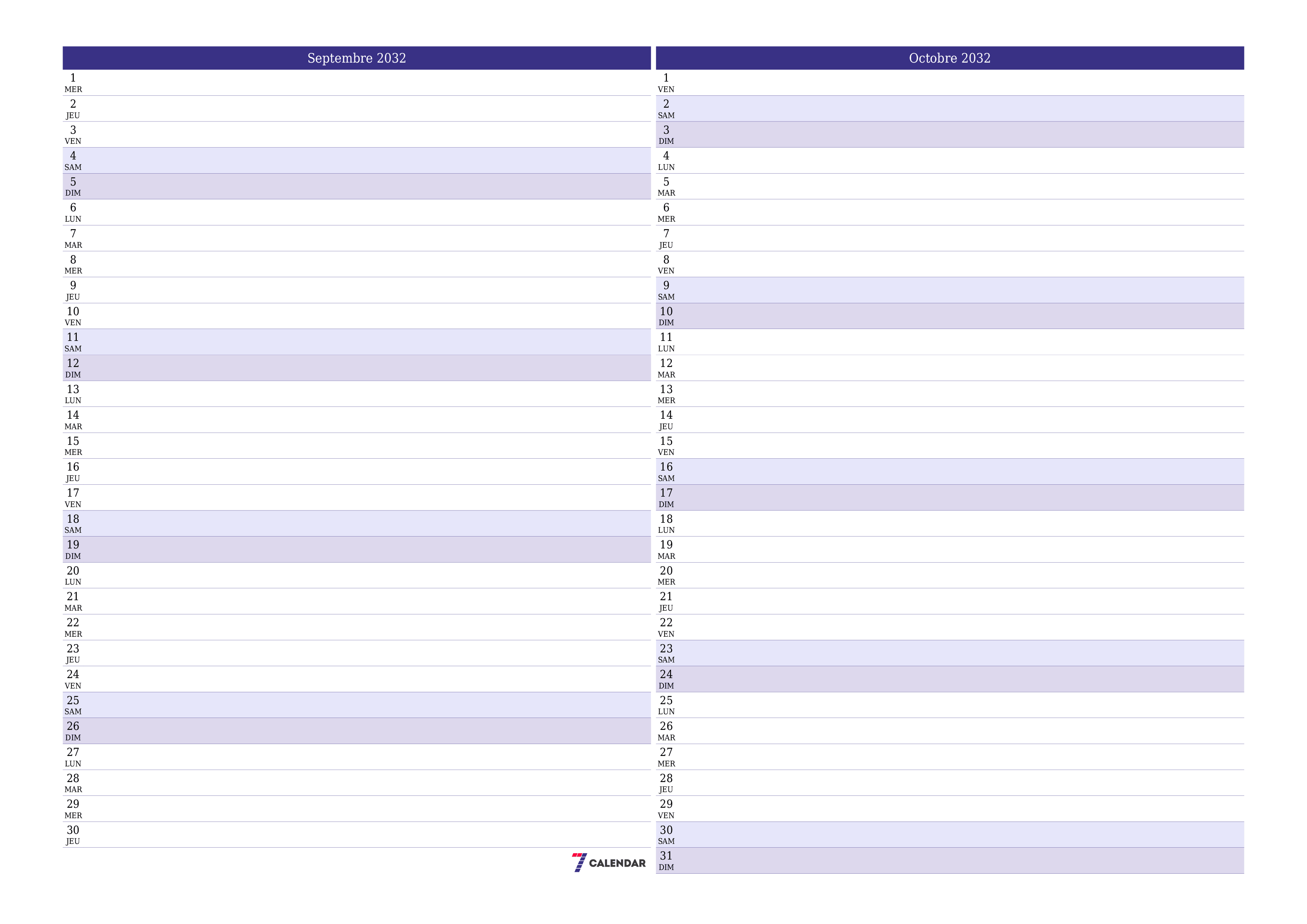 Agenda mensuel vide pour le mois Septembre 2032 avec notes, enregistrez et imprimez au format PDF PNG French