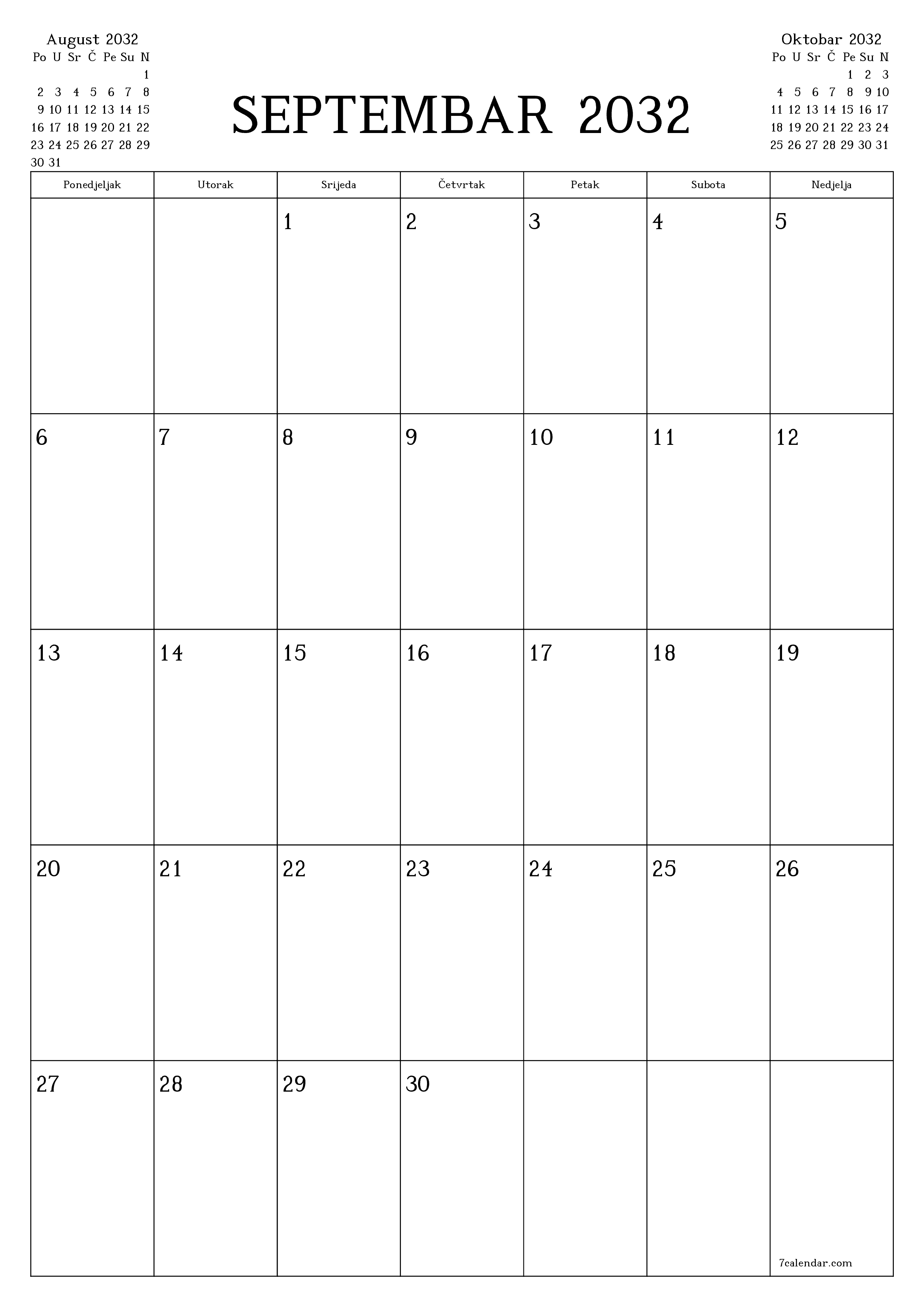  za štampanje zidni šablon a besplatni vertikalno Mjesečno planer kalendar Septembar (Sep) 2032