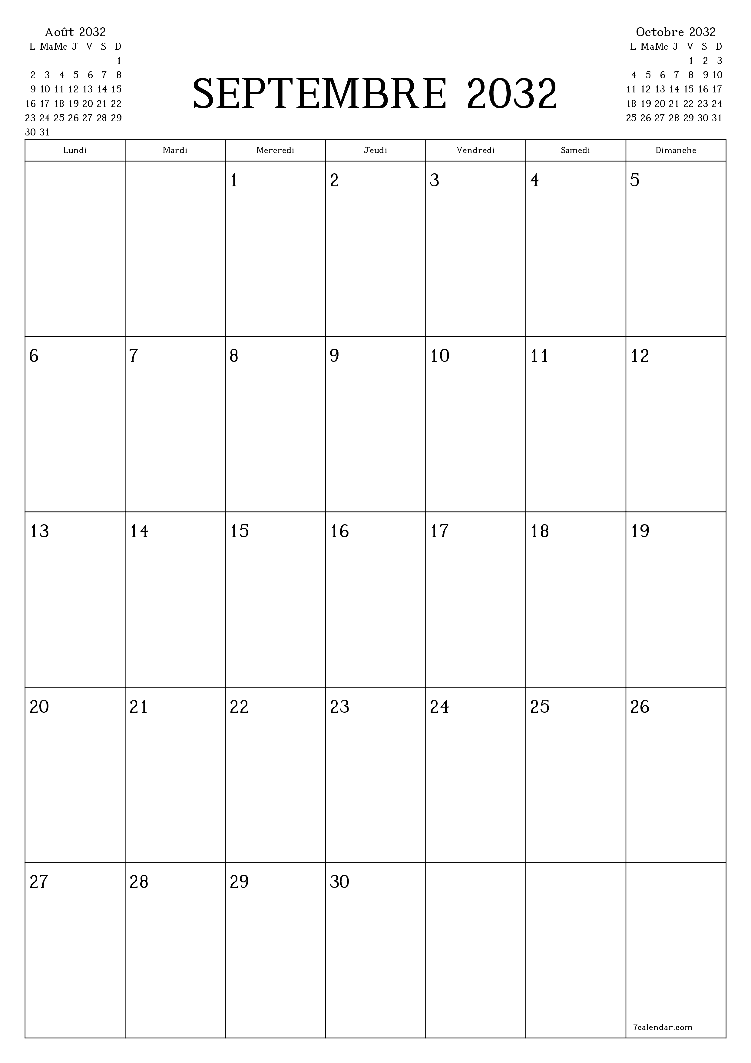  imprimable mural modèle de gratuitverticale Mensuel planificateur calendrier Septembre (Sep) 2032