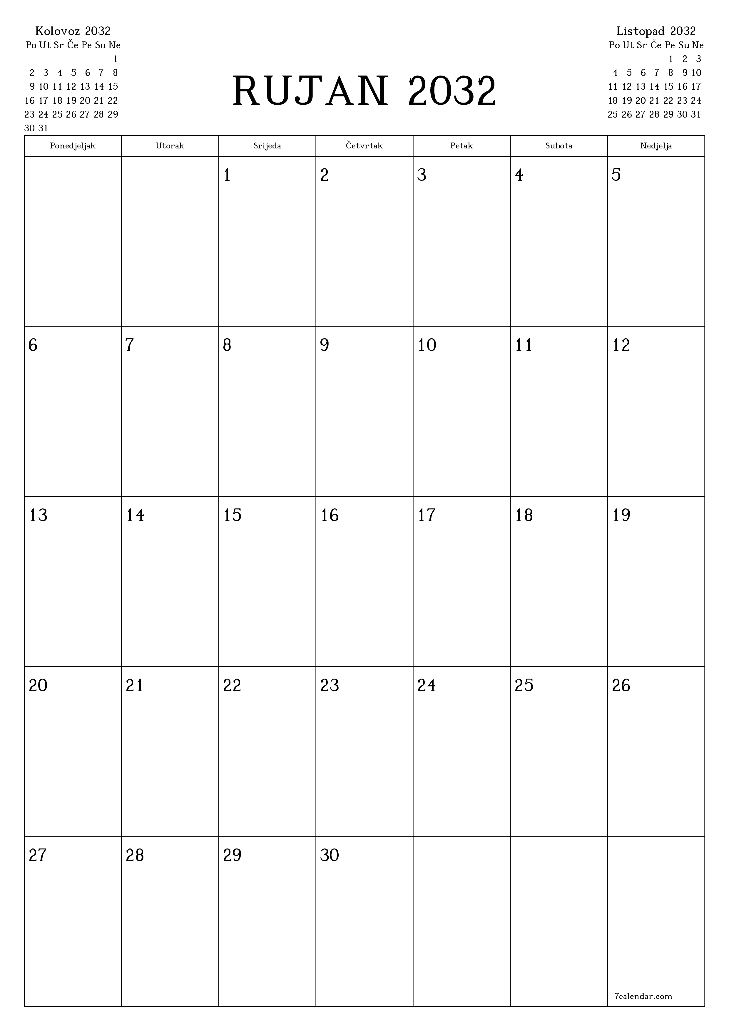  za ispis zidni predložak a besplatni okomito Mjesečni planer kalendar Rujan (Ruj) 2032