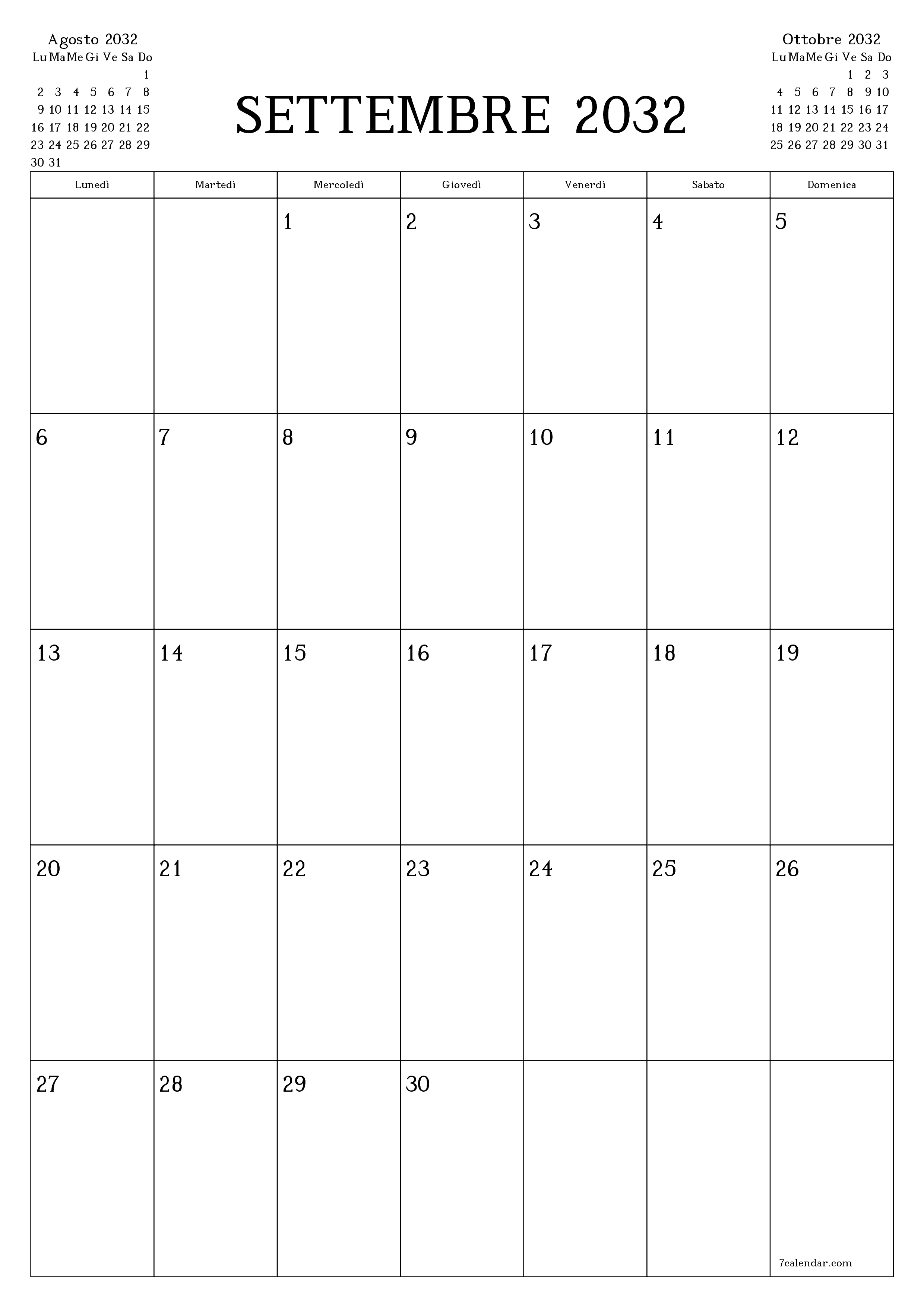  stampabile da parete modello di gratuitoverticale Mensile pianificatore calendario Settembre (Set) 2032