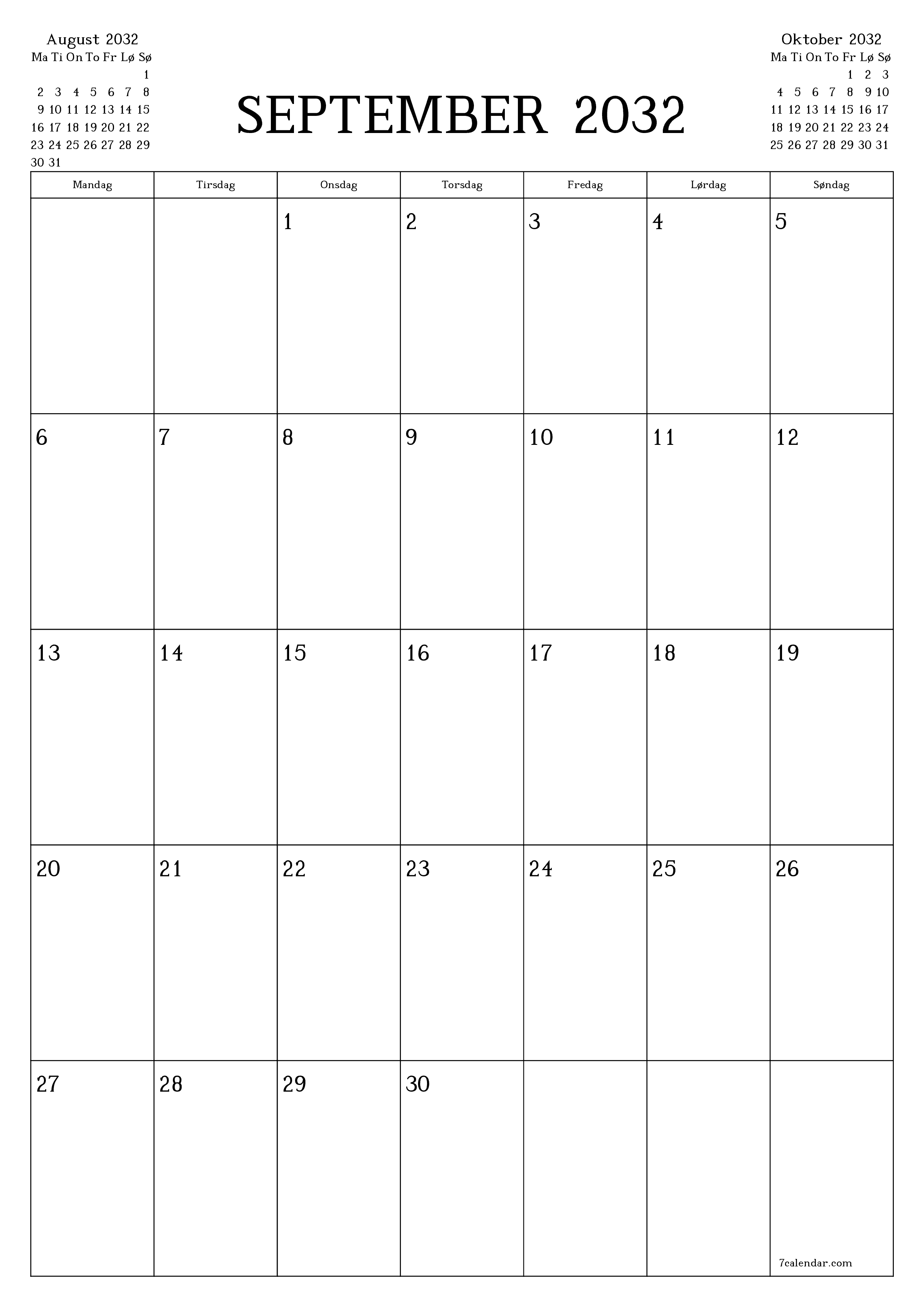 utskrivbar vegg mal gratis vertikal Månedlig planlegger kalender September (Sep) 2032
