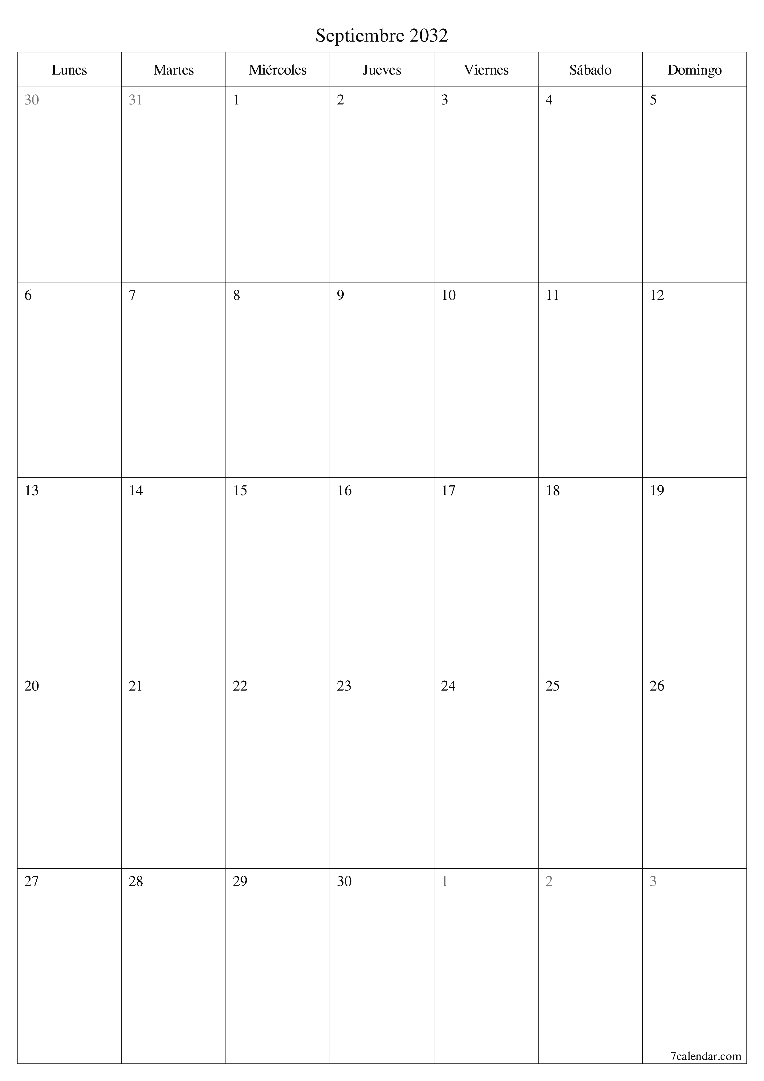  imprimible de pared plantilla de gratisvertical Mensual planificador calendario Septiembre (Sep) 2032