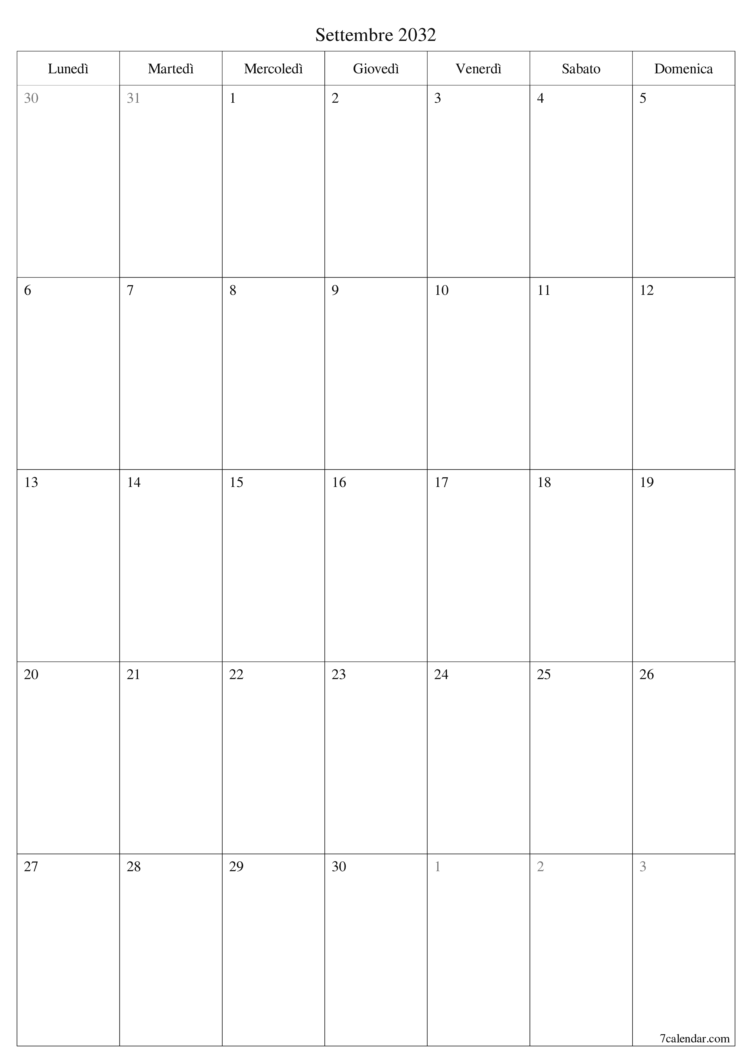  stampabile da parete modello di gratuitoverticale Mensile pianificatore calendario Settembre (Set) 2032