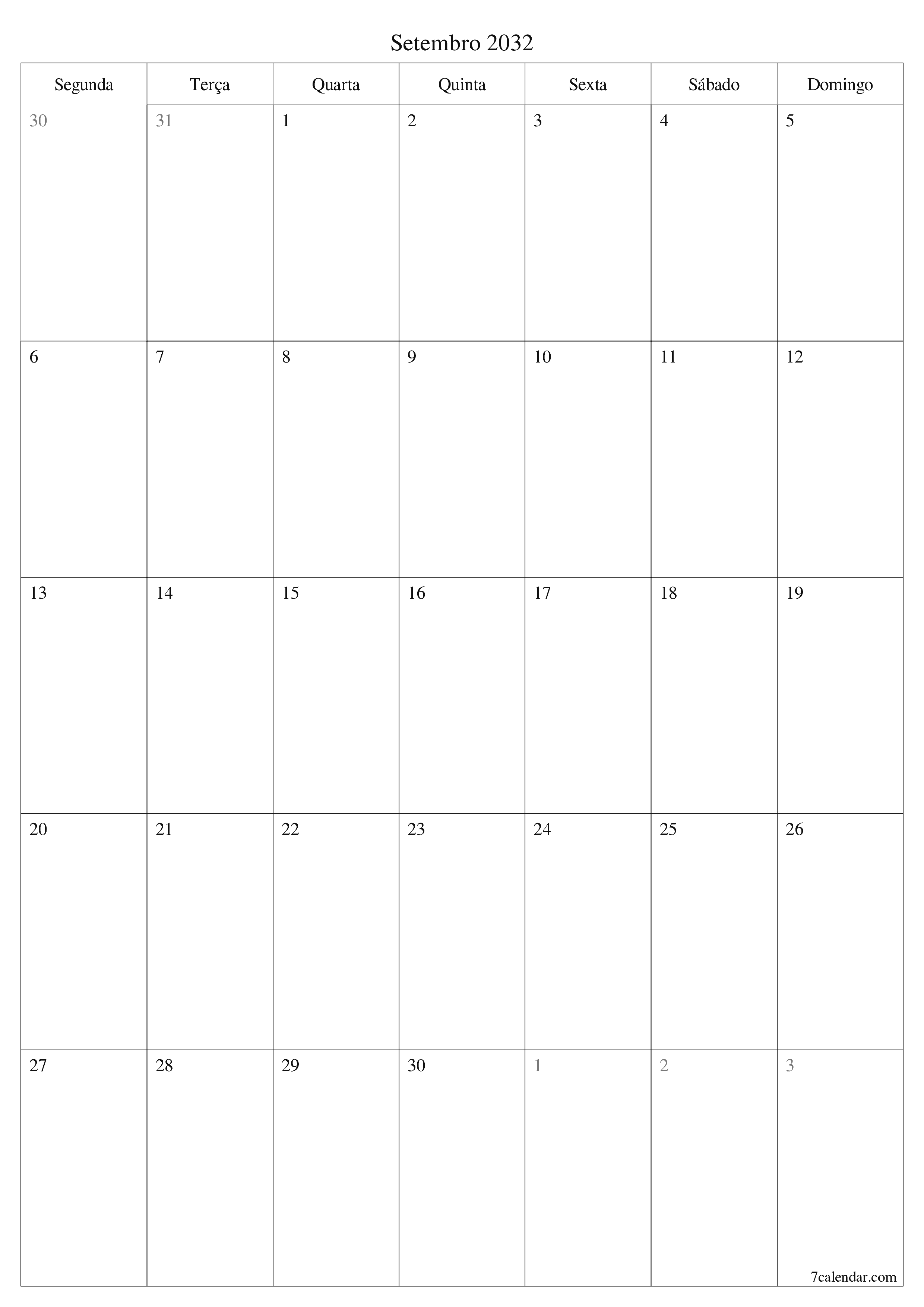  para impressão de parede modelo de grátisvertical Mensal planejador calendário Setembro (Set) 2032