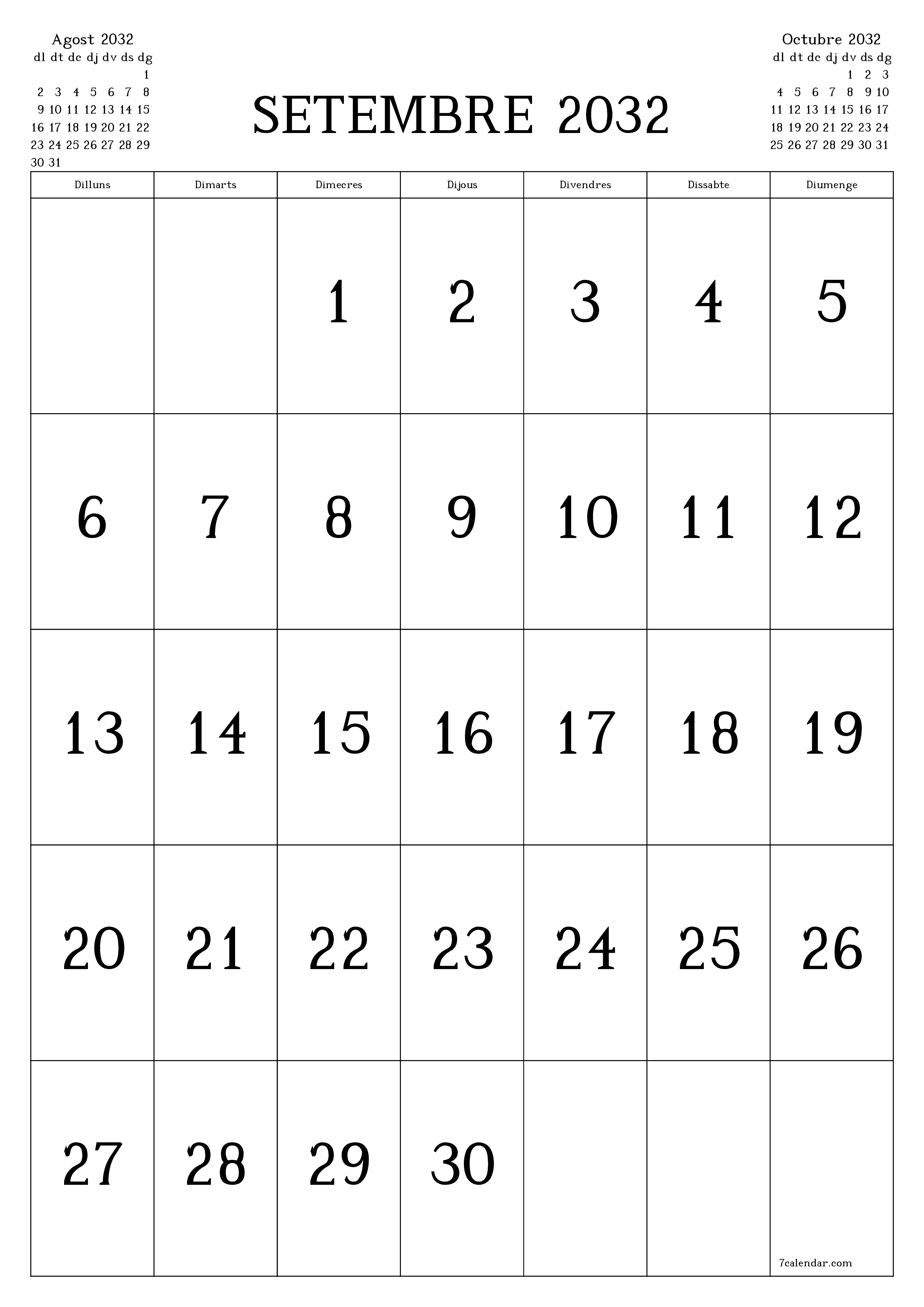  imprimible de paret plantilla de gratuïtvertical Mensual calendari Setembre (Set) 2032