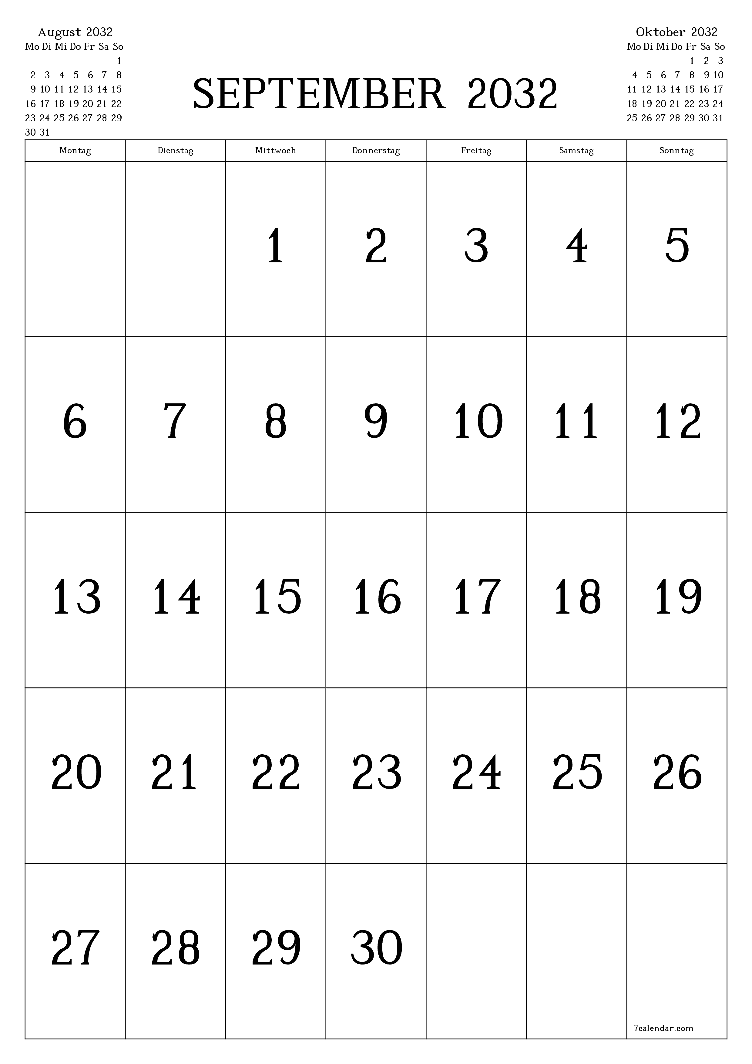  zum Ausdrucken Wandkalender vorlage kostenloser vertikal Monatlich Kalender September (Sep) 2032